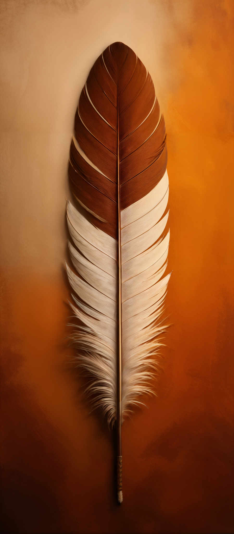 The image showcases a feather with a unique coloration. The feather is predominantly brown with a distinct white section towards its center. The white section appears to be slightly translucent, revealing the underlying feather structure. The base of the feather has a darker brown shade, and there's a visible quill-like structure at the very tip. The background is a gradient of warm colors, transitioning from a deep brown at the top to a lighter, almost golden hue at the bottom.