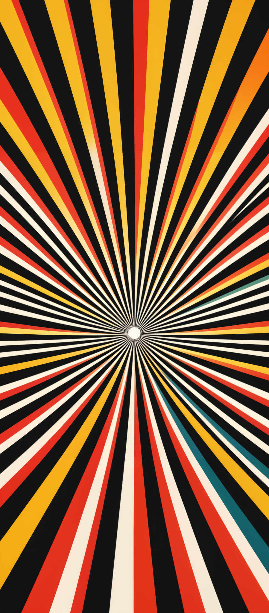 The image showcases a vibrant and dynamic pattern of alternating stripes. The stripes are vividly colored, with hues of red, yellow, black, and white. They radiate outwards from a central point, creating a hypnotic effect. The design is reminiscent of a sunburst or explosion, with the colors becoming more intense towards the center and fading outwards.