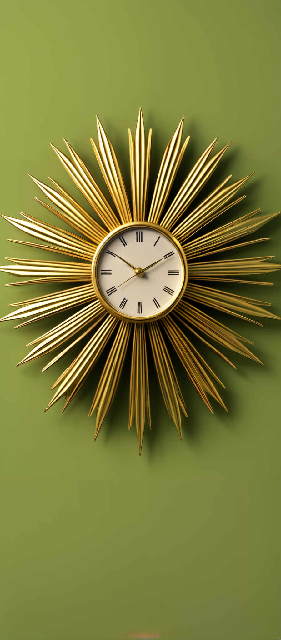 The image showcases a clock with a unique sunburst or starburst design. The clock's frame is golden and has pointed, ray-like protrusions emanating from its perimeter. The face of the clock is white with black Roman numerals and hands. The background is a solid green color, providing a contrast to the golden clock.