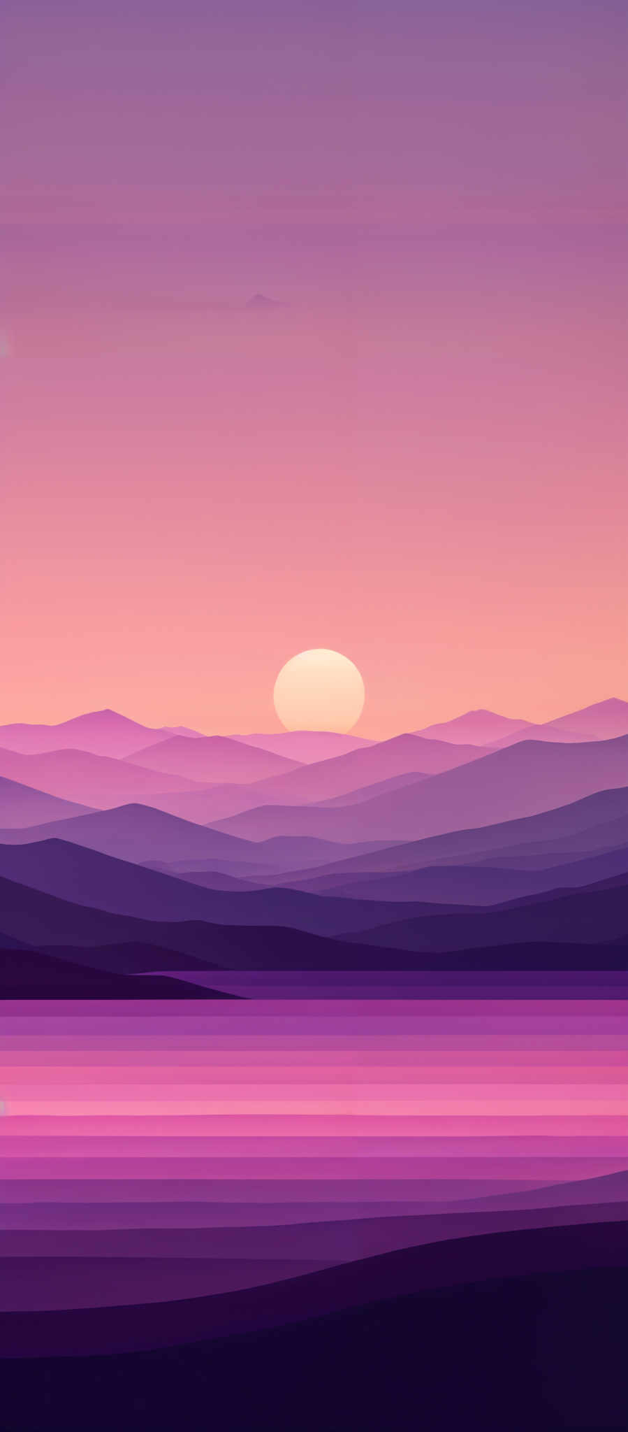 The image showcases a serene landscape during sunset or sunrise. The sky is painted in hues of purple, pink, and orange, transitioning smoothly from one shade to another. A large, round sun is positioned near the horizon, casting a warm glow. Below the sky, there are multiple layers of mountains, each progressively darker in shade, suggesting depth and distance. The mountains are reflected in a body of water, which is depicted in horizontal stripes of varying colors, ranging from deep purple to a vibrant pink. The overall ambiance of the image is calm and tranquil.