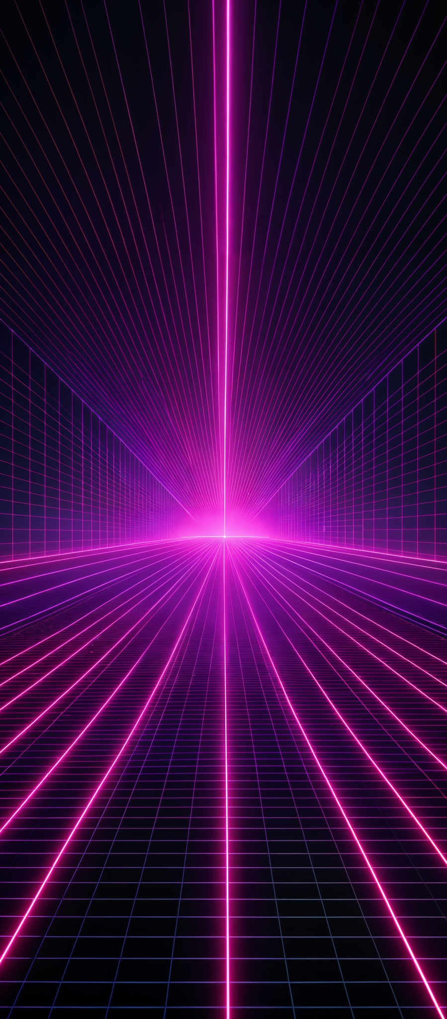 The image showcases a vibrant and mesmerizing digital landscape. It predominantly features a grid pattern on the floor and walls, with lines converging towards a central vertical axis. The colors are predominant in shades of purple and pink, creating a neon-like glow. The perspective of the image gives a sense of depth, with the grid lines appearing to recede into the distance.