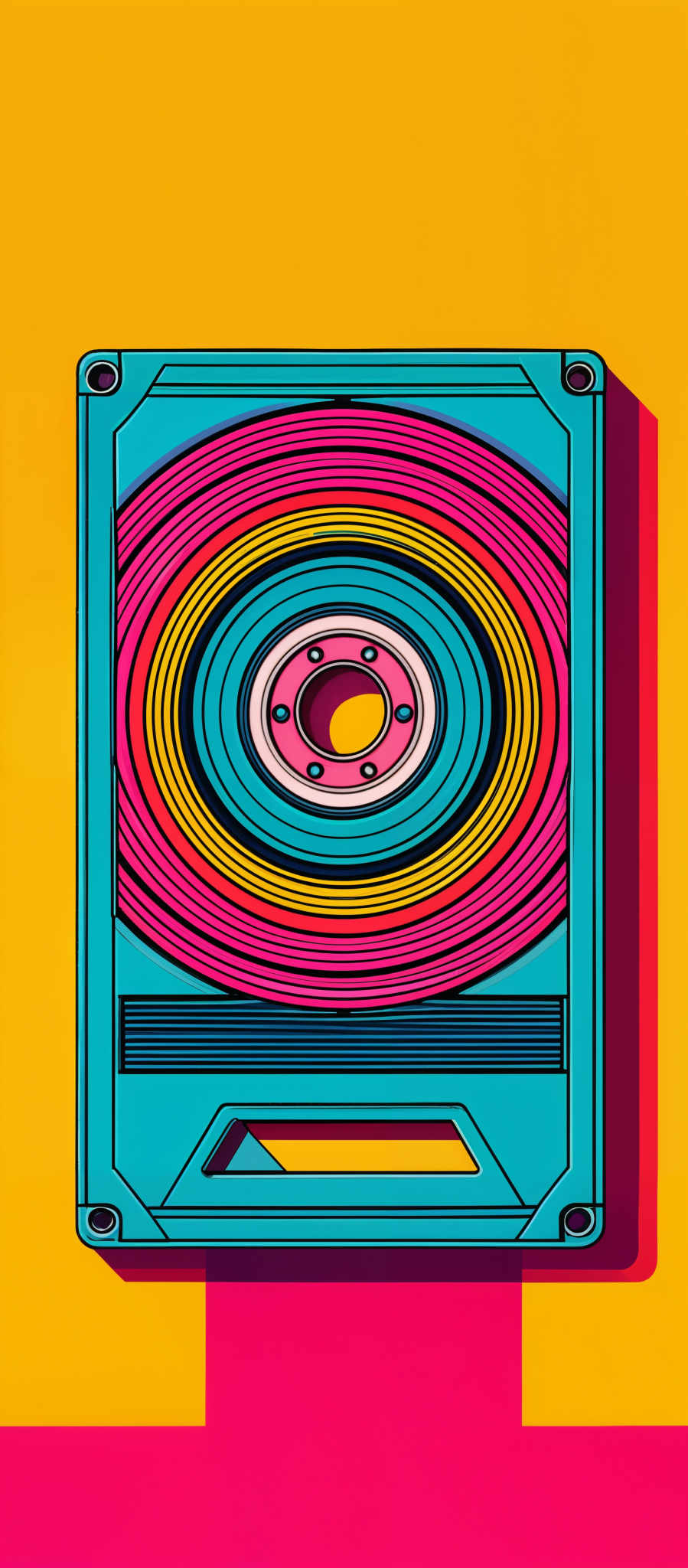 The image showcases a vibrant and colorful depiction of a cassette tape. The cassettes are presented in a square shape, with a vivid turquoise color. The center of the cassete displays concentric circles in a myriad of colors, including pink, yellow, blue, and green. These circles give an impression of a record's grooves. The top of the image has a bright yellow background, while the bottom is a bold pink. The overall design is modern and abstract, emphasizing the retro nature of cassetes.