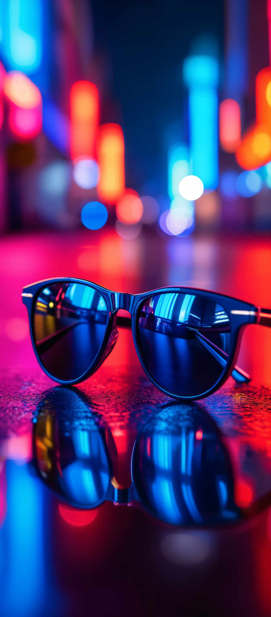 The image showcases a pair of sunglasses placed on a reflective surface, possibly a wet street. The sunggles have a sleek design with a black frame and dark lenses. The lenses of the sungglasses reflect vibrant colors from the surrounding environment, including neon lights in shades of red, blue, and pink. The background is blurred with bokeh effects, but one can discern colorful lights, possibly from a city or a festival setting.