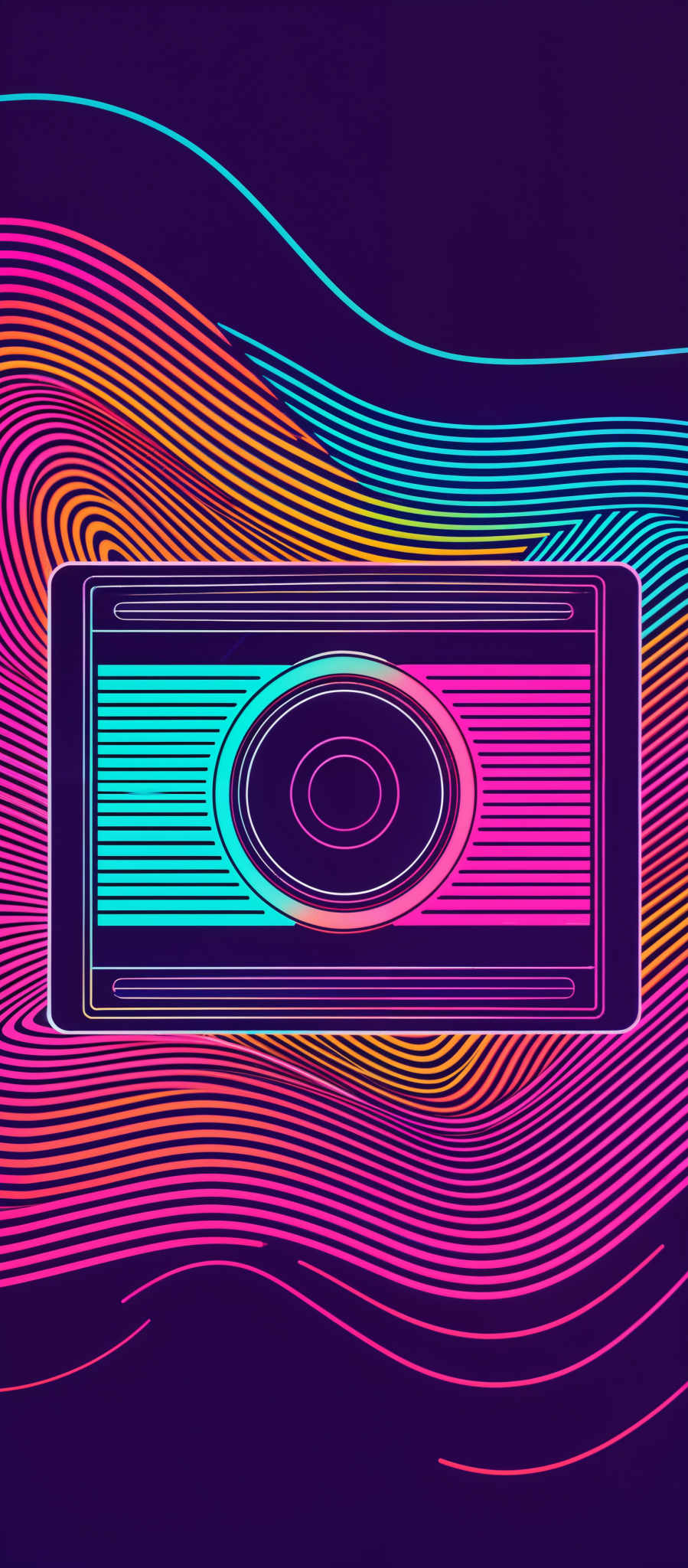 The image showcases a vibrant and colorful design with a central rectangular shape. This shape has a circular pattern in the middle, surrounded by horizontal and vertical lines. The background consists of wavy, multi-colored lines in hues of pink, blue, yellow, and orange, creating a dynamic and abstract pattern.