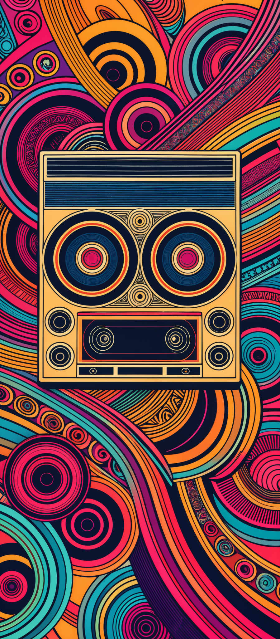 The image showcases a vibrant and colorful design with swirling patterns and circular motifs. Dominating the center is a boombox or cassette player, which is depicted in a stylized manner with intricate details. The background is filled with a plethora of colors, including red, blue, yellow, and pink, creating an almost psychedelic effect. The swirls and patterns are intricate, with various designs interwoven throughout, giving the image a lively and dynamic feel.