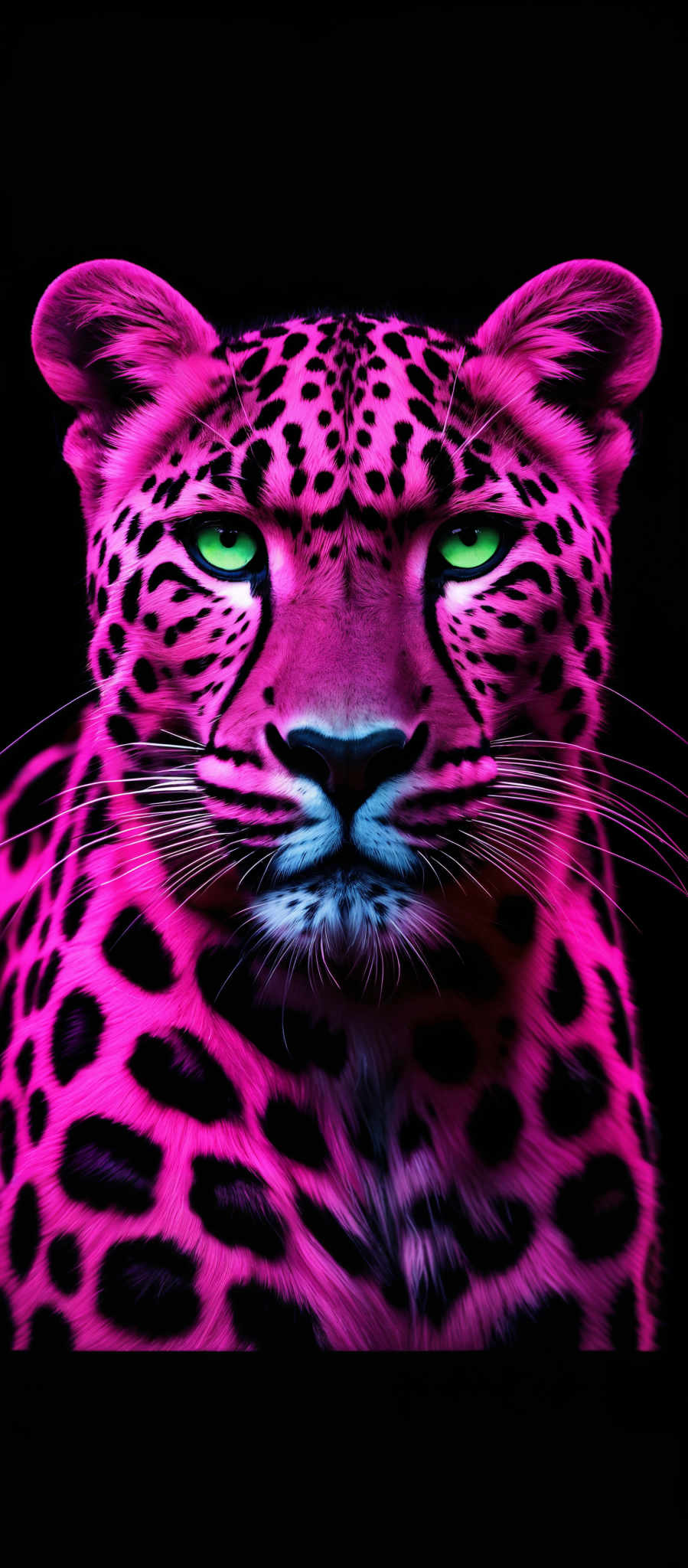 The image showcases a vibrant and striking representation of a leopard. The leopARD's fur is painted in a bright pink hue, with black spots distributed throughout. Its eyes are a captivating shade of green, which contrasts beautifully with the pink fur. The overall composition is bold and attention-grabbing, with the dark background accentuating the leopards features.