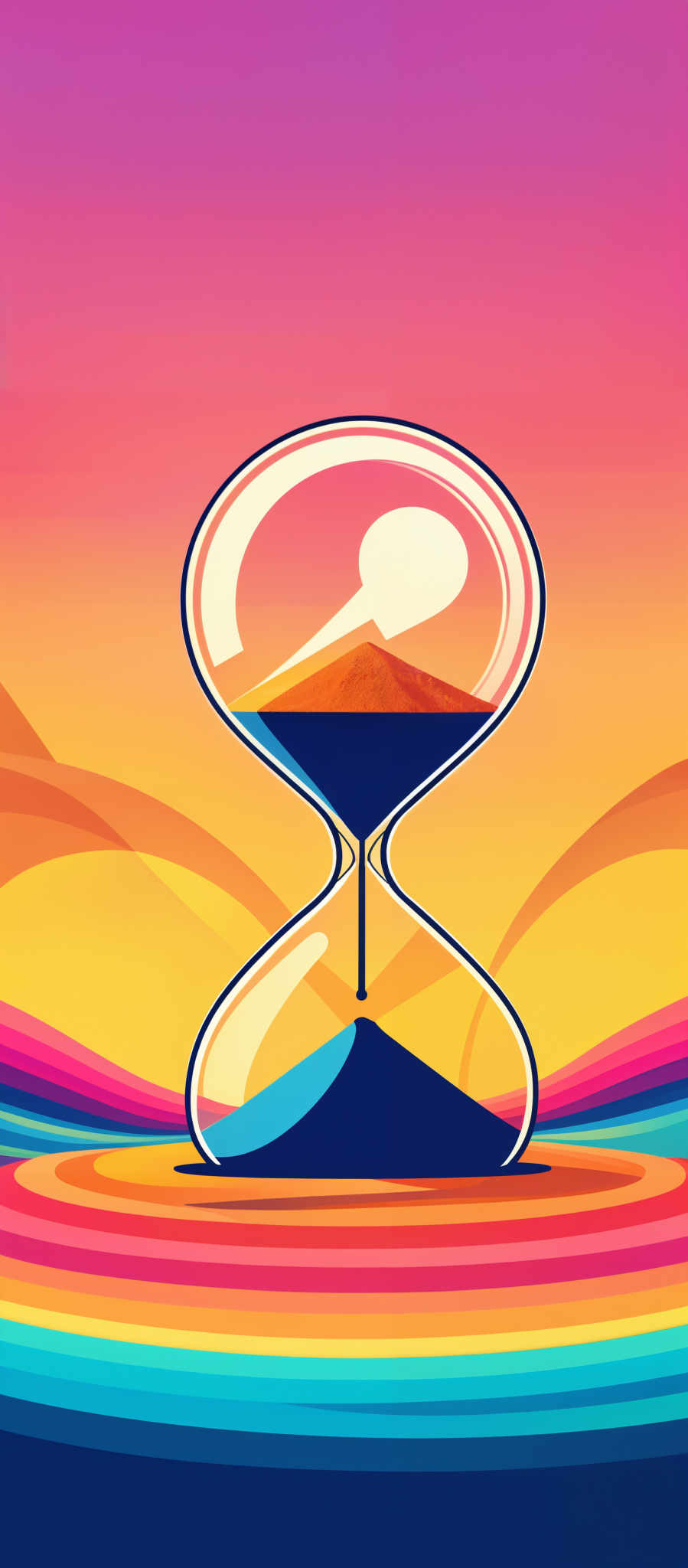 The image showcases a vibrant and colorful background with a gradient of pink, orange, and yellow. Dominating the center is a large, clear glass bottle, reminiscent of an hourglass. Inside the bottle is a sand timer, with the top half filled with sand and the bottom half empty. The sand inside the bottleneck is dripping down, creating a visual representation of time passing. The bottle rests on a multicolored wavy surface, which further adds to the abstract and artistic nature of the image, with hues of blue, green, and red.