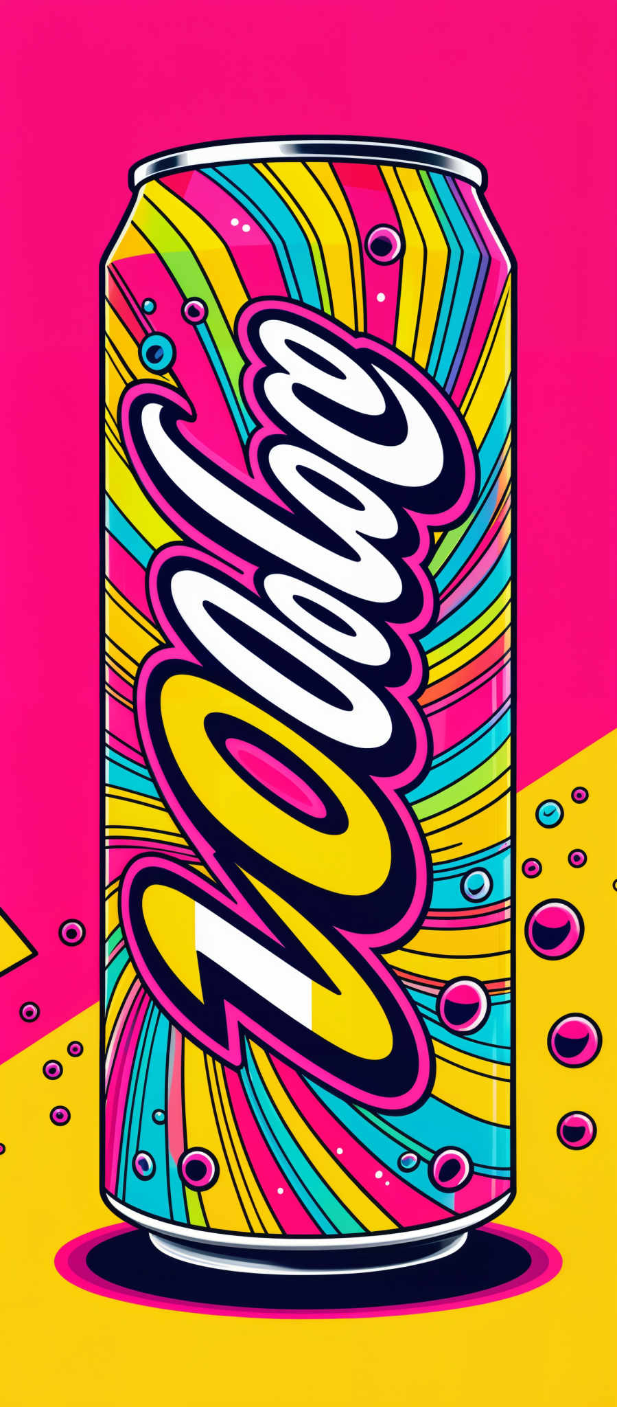 The image showcases a vibrant and colorful design of a soda can. The background is a bright pink, and the can itself is adorned with swirling patterns of multiple colors, including yellow, blue, pink and green. The word 'VooDoo' is prominently displayed in white, with a unique and stylized design. The can is depicted against a yellow background, and there are bubbles floating around it.