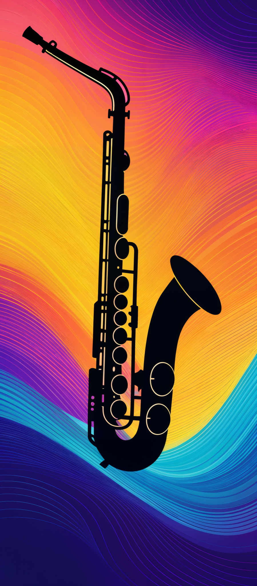 The image showcases a vibrant and colorful background with swirling patterns of orange, yellow, purple, and blue. Dominating the foreground is a silhouette of a saxophone, a musical instrument. The sax is depicted in black against the colorful backdrop, with intricate details of its keys and body visible.