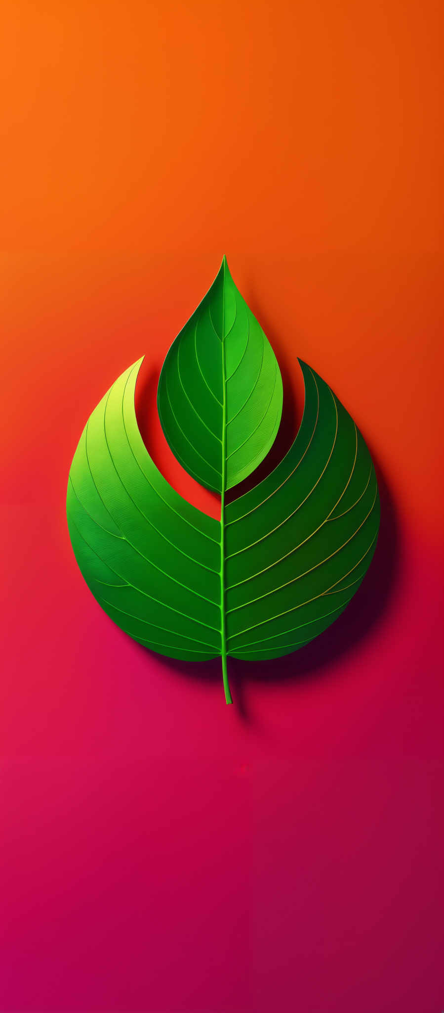 The image showcases a vibrant gradient of colors transitioning from orange at the top to pink at the bottom. Dominating the center is a large, green leaf with a unique, almost teardrop-shaped opening at its top. The leaf has a smooth texture and is depicted in a 3D perspective, giving it a realistic appearance.