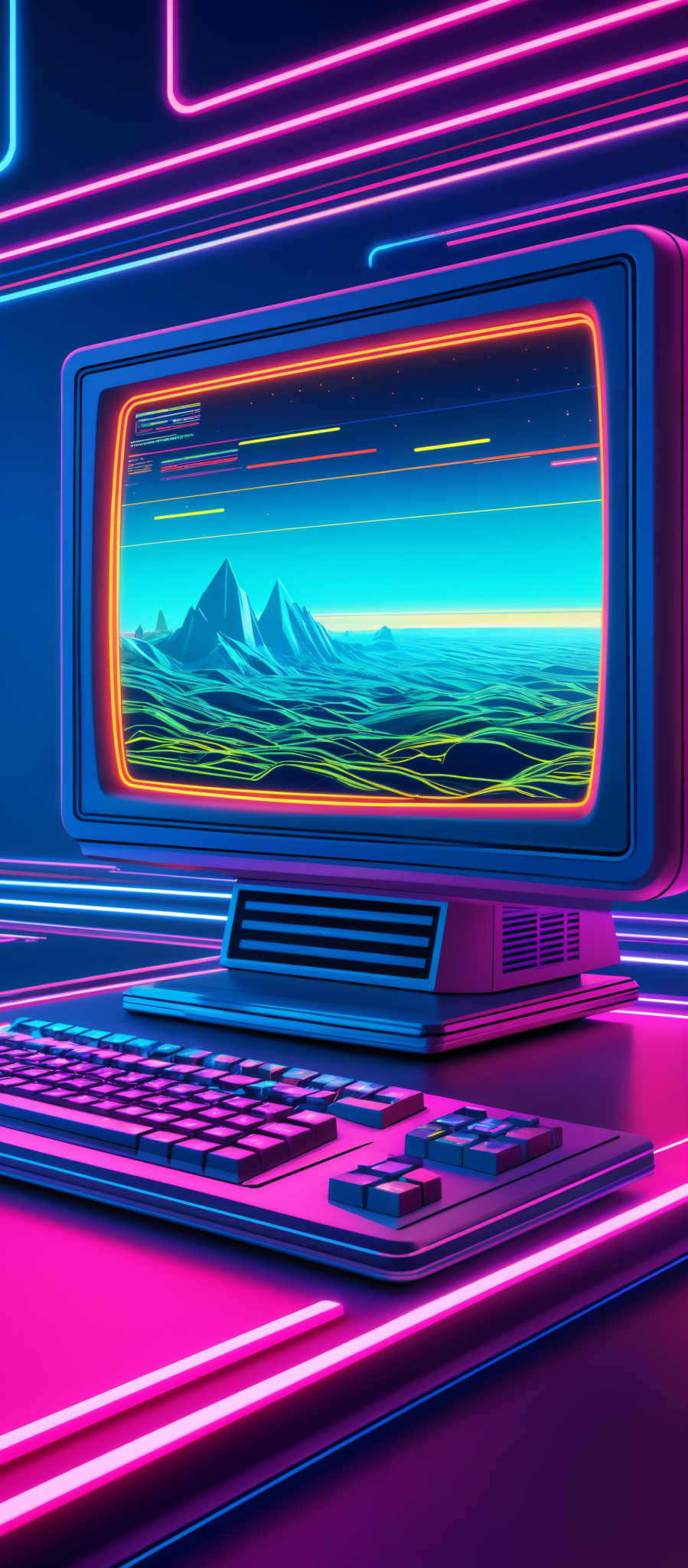 The image showcases a vibrant and neon-lit environment. The dominant colors are shades of blue, pink, and purple. The shape is predominantly rectangular, with a computer monitor displaying a vivid digital landscape. The landscape on the monitor features a mountainous terrain with a vibrancy of colors, including shades blue, green, and yellow. The computer keyboard and mouse are also present, with the keyboard having a unique design with colorful keys.