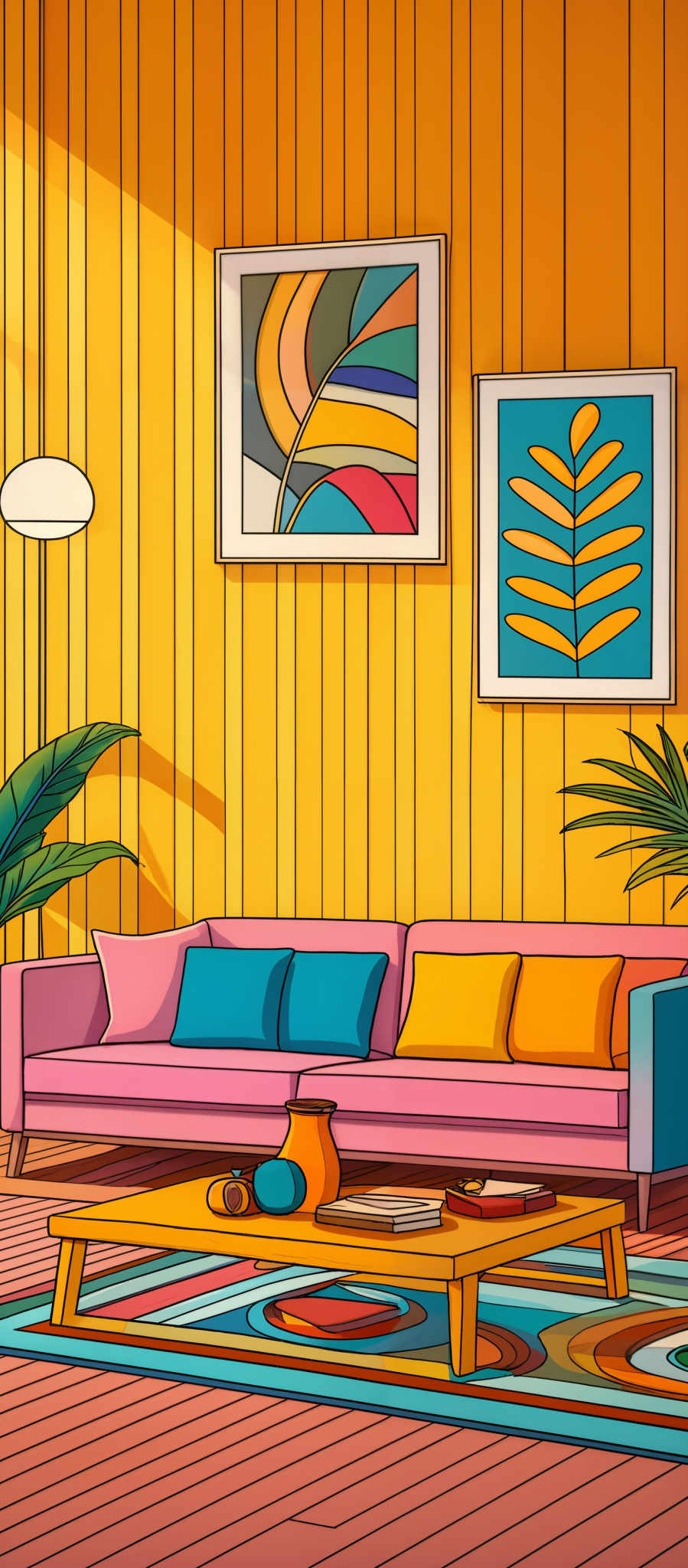 The image showcases a vibrant living room with wooden walls. On the walls, there are two framed artworks. The left artwork features abstract designs with overlapping curves in various colors like blue, yellow, and red. The right artwork depicts a stylized leaf in shades of blue and yellow. Below the artworks, there's a pink sofa adorned with colorful cushions in shade of blue, orange, and yellow, complemented by a multicolored rug beneath it. In front of the sofa, there is a wooden coffee table with a few items on it, including a vase and some books. To the left of the image, there appears to be a potted plant with large green leaves.