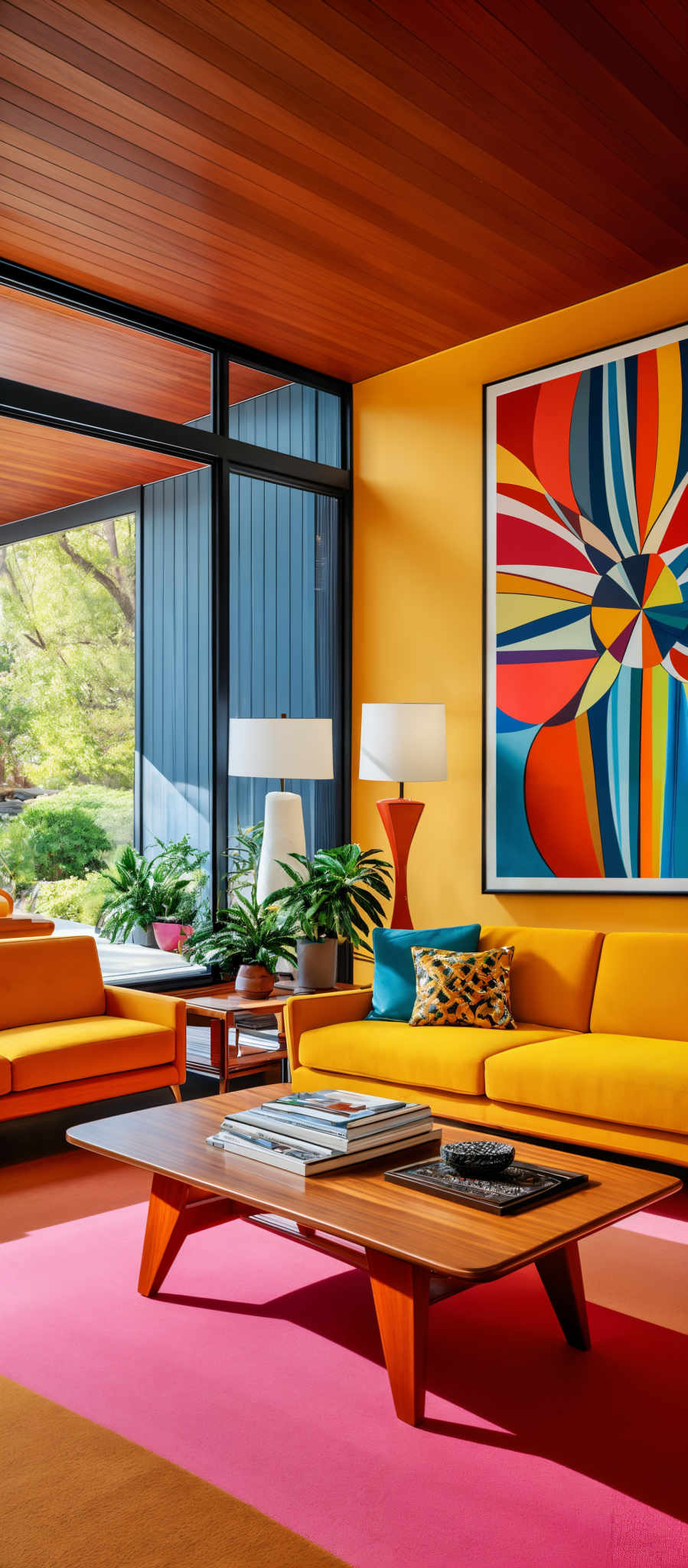 The image showcases a vibrant living room with a rich palette of colors. Dominating the scene is a large, colorful artwork on the wall, featuring a geometric design with multiple vivid hues such as red, blue, yellow, and orange. The room itself is adorned with a bright yellow sofa, complemented by a wooden coffee table in the center. The floor is covered in a pink rug, and there are two white lamps with unique bases on either side of the sofa. The ceiling is made of dark wood, and large windows allow natural light to flood in, revealing a garden outside.