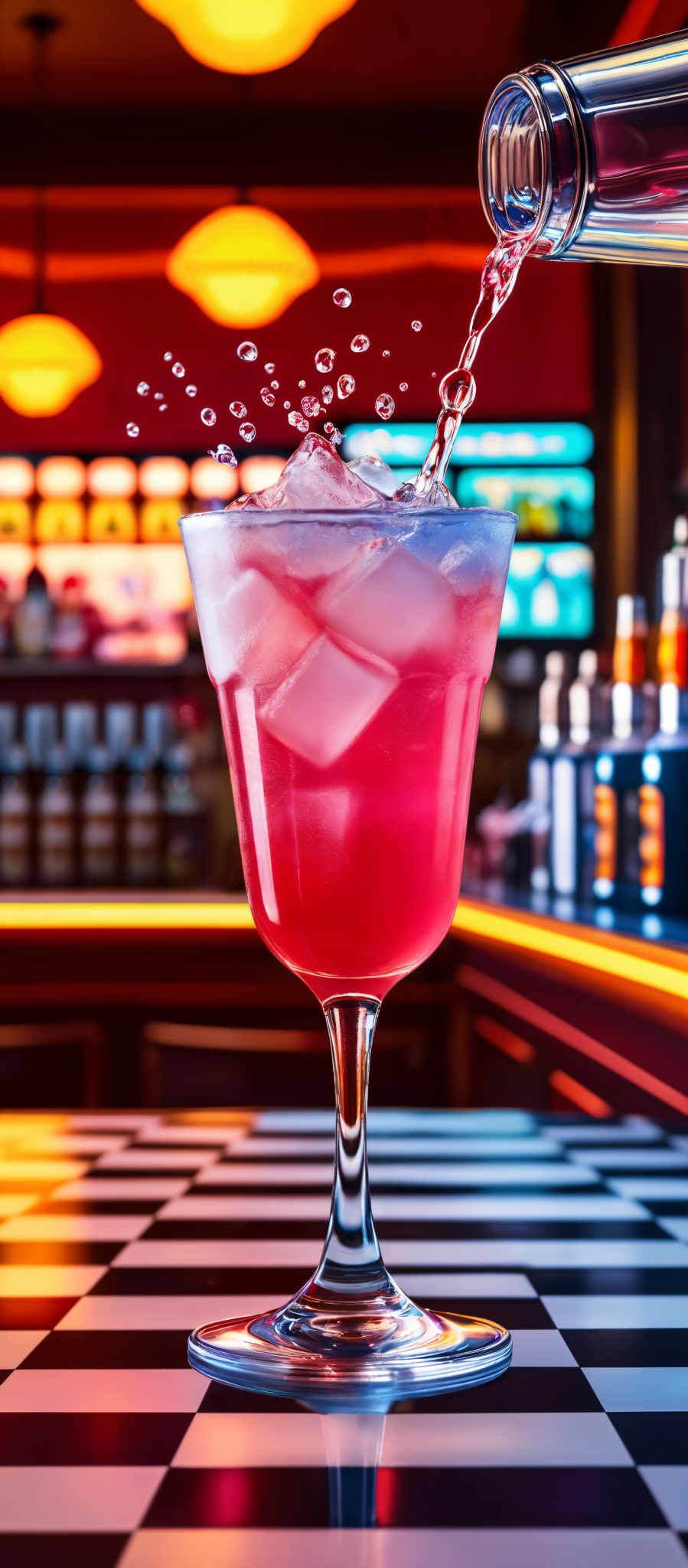 The image showcases a vibrant scene of a cocktail being poured into a glass. The cocktails are of a pinkish hue, and the glass is filled with ice cubes. The liquid is being poued from a silver shaker, creating a splash as it enters the glass. In the background, there's a bar setting with neon lights, and various bottles of alcohol are displayed on shelves. The table on which the glass sits has a checkered pattern, and there are bubbles rising from the drink, capturing the moment of pouring.