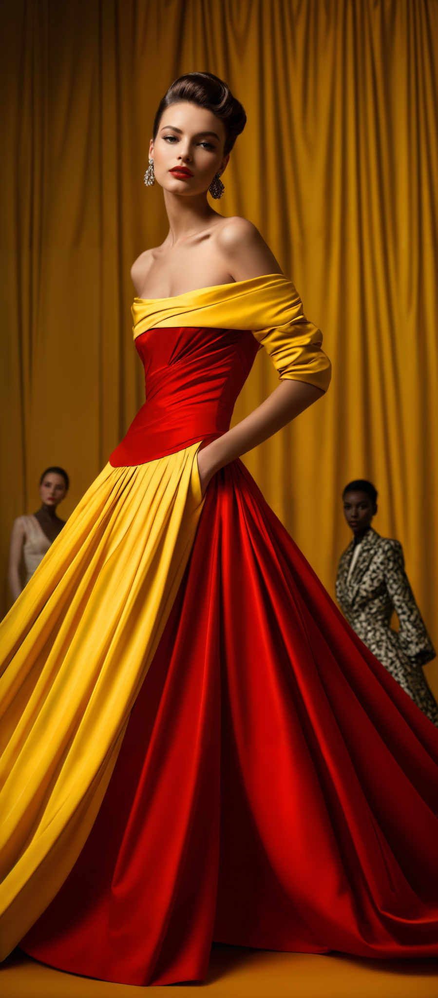 The image showcases a woman dressed in a vibrant gown. The gown is two-toned, with the upper part being yellow and the lower part being red. The dress has an off-the-shoulder design with a cinched waist. The skirt of the dress is voluminous and flows outwards, giving it a dramatic and elegant appearance. The woman is accessorized with large earrings and her hair is styled in an updo. In the background, there are two other figures, one wearing a white dress and the other in a patterned outfit. The setting appears to be a stage or a fashion runway, with a golden curtain as the backdrop.