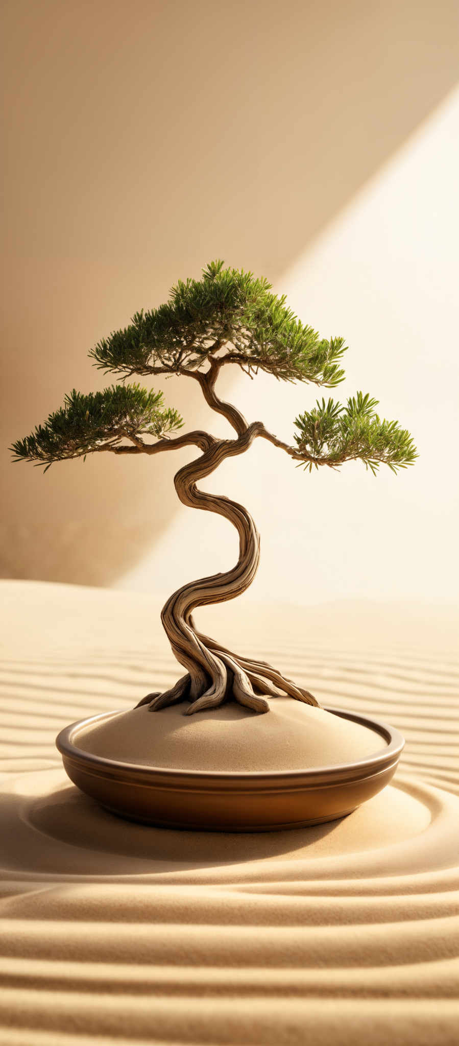 The image showcases a serene scene of a bonsai tree. The tree has a twisted, elongated trunk that spirals upwards, ending in a canopy of lush green leaves. The trunk and branches are intricately shaped, giving the tree a unique and artistic appearance. The bonsAI tree is placed on a circular tray filled with fine, white sand. The background is a gradient of warm colors, transitioning from a deep brown at the top to a lighter beige at the bottom. The entire setting exudes a sense of tranquility and harmony.