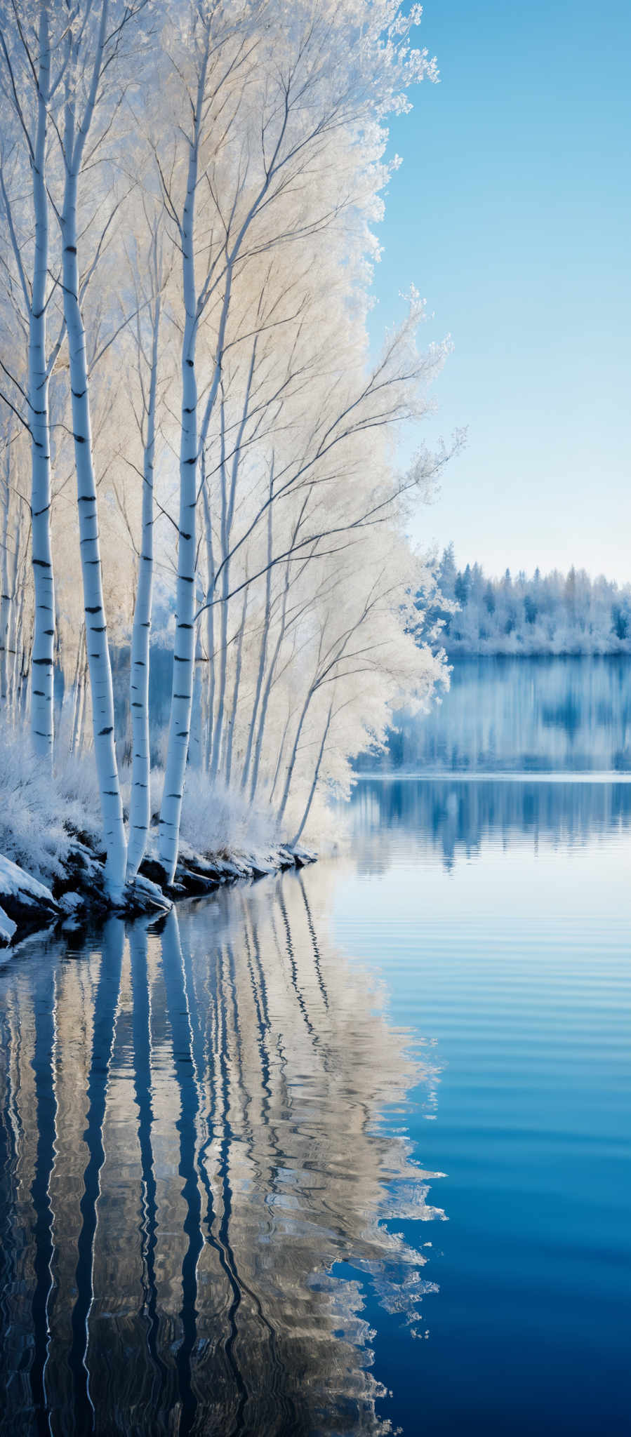 The image showcases a serene winter landscape. The dominant colors are shades of blue, white, and a hint of golden-yellow. The shape is predominantly rectangular, with the top half representing the sky and the bottom half depicting a calm body of water reflecting the trees and the sky. The trees, possibly birches, are covered in a thick layer of frost or snow, giving them a white and ethereal appearance. Their reflection can be seen in the water below, creating a mirror-like effect.