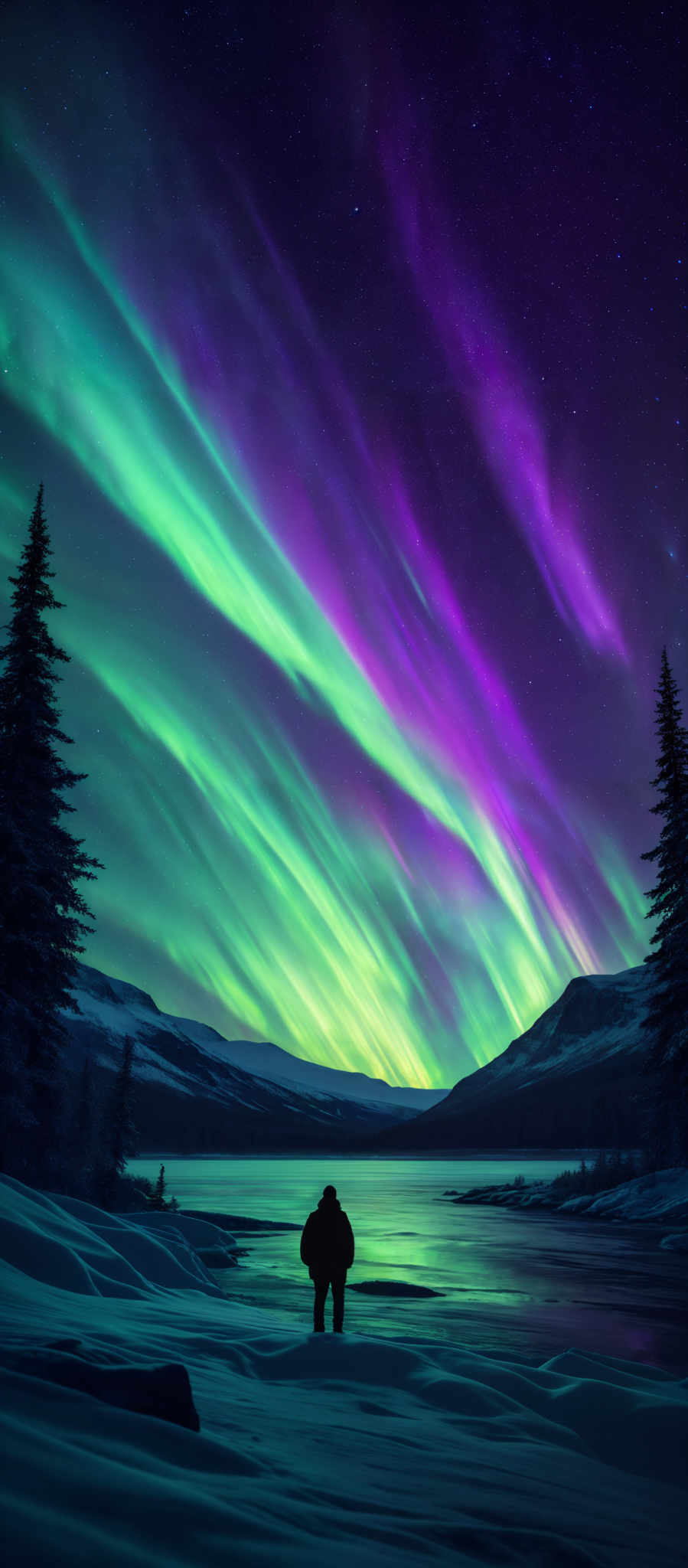 The image showcases a breathtaking view of the Northern Lights, also known as the Aurora Borealis. The lights display a vibrant array of colors, including shades of green, purple, and blue, swirling across the night sky. The shape of the lights is wavy and streaked, creating a mesmerizing pattern. Below the sky, there's a serene landscape with a frozen lake reflecting the colors of the sky. On the left side of the image, there are tall pine trees standing against the backdrop of the mountains. In the foreground, a solitary figure stands, gazing at the spectacle, adding a sense of scale and wonder to the scene.