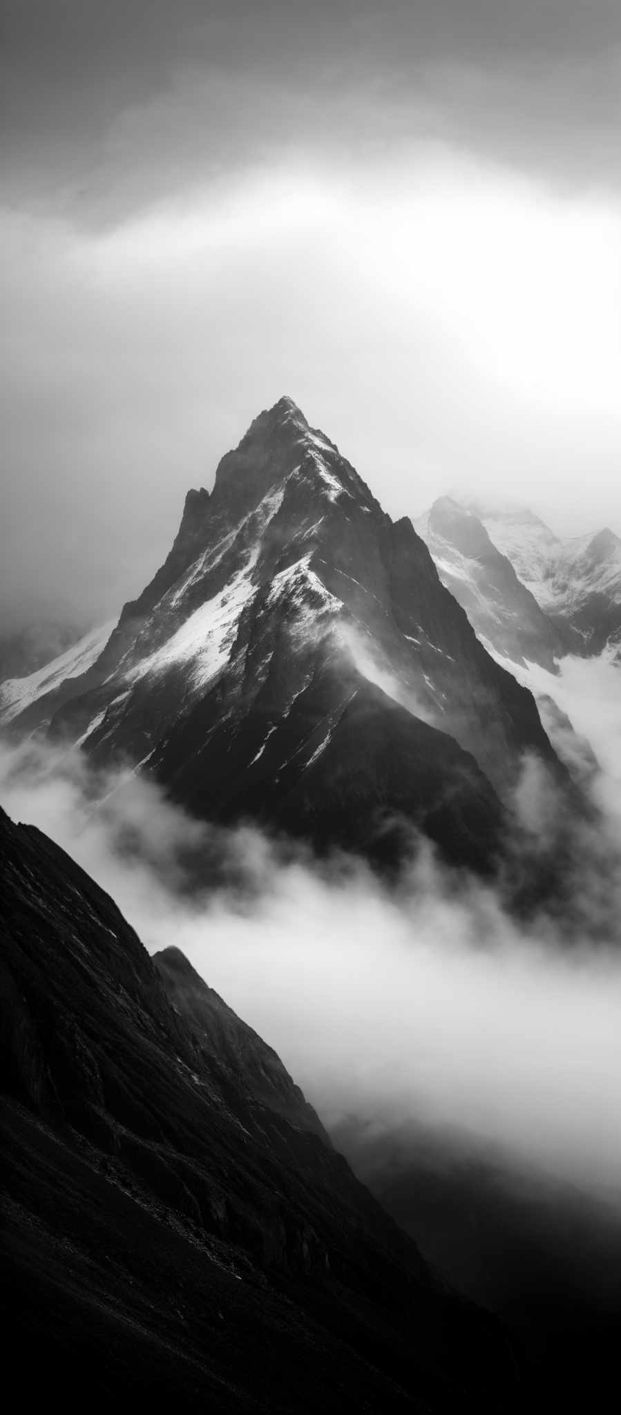 The image is in black and white, showcasing a majestic mountain peak. The mountain is rugged with sharp edges, and its slopes are covered with patches of snow. The peak rises dramatically from a sea of clouds that envelops the base of the mountain. The clouds appear thick and dense, creating a surreal and ethereal atmosphere. The overall shape of the image is dramatic and evokes a sense of awe and wonder.