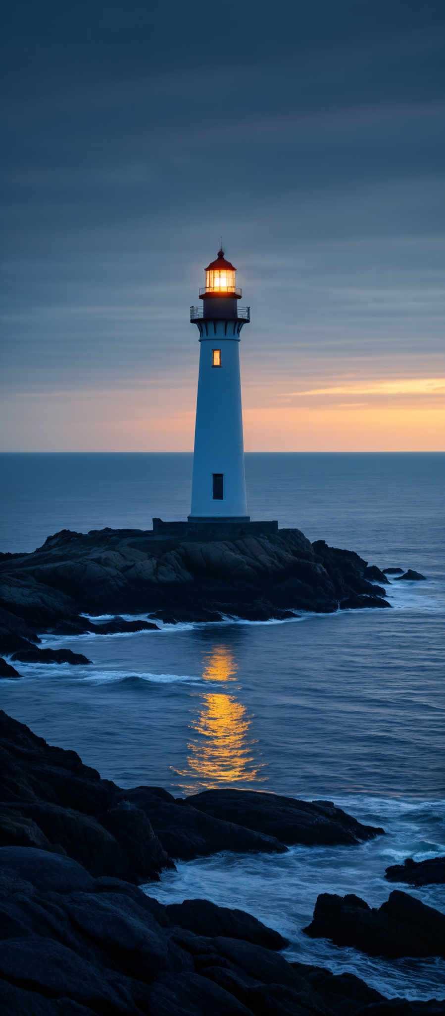 The image showcases a lighthouse situated on a rocky coastline during what appears to be either dawn or dusk. The lighthouses beacon is illuminated, casting a warm golden glow. The sky is painted with hues of blue and gray, suggesting the presence of clouds. The sea is calm with gentle waves crashing against the rocks. The overall scene is serene and evokes a sense of tranquility.