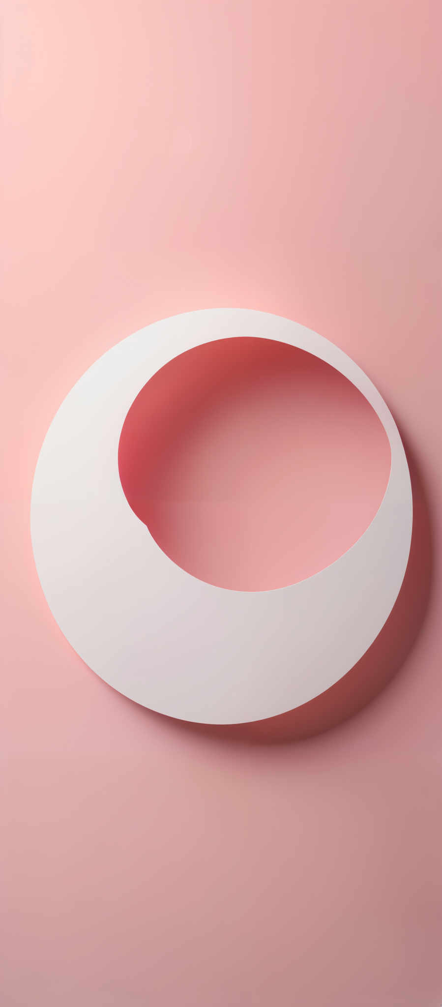 The image showcases a large, white, semi-circular shape against a soft pink background. The shape appears to be an abstract representation of a ring or an oval, with a hollowed-out center. The background is uniform in color, providing a stark contrast to the white shape, which stands out prominently.