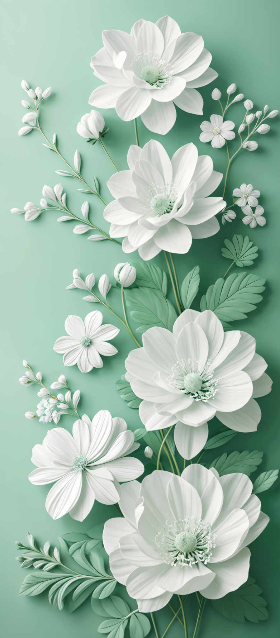 The image showcases a collection of white flowers with intricate details. The flowers have layered petals, and their centers are adorned with a mix of white and green. The stems are slender and green, and there are smaller white flowers and buds interspersed among the larger ones. The background is a soft teal color, which complements the white of the flowers and adds depth to the composition.