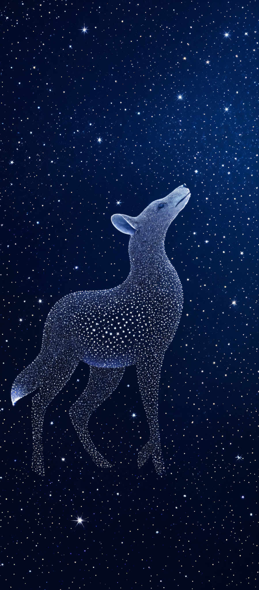 The image predominantly features a deep blue background filled with white stars. In the foreground, there's a silhouette of a creature that appears to be a wolf or a dog. This creature is made up of a pattern of white dots, giving it a speckled or starry appearance. The creature is shown in a side profile, looking upwards, and its details are intricately detailed, especially around its ears, eyes, and fur.