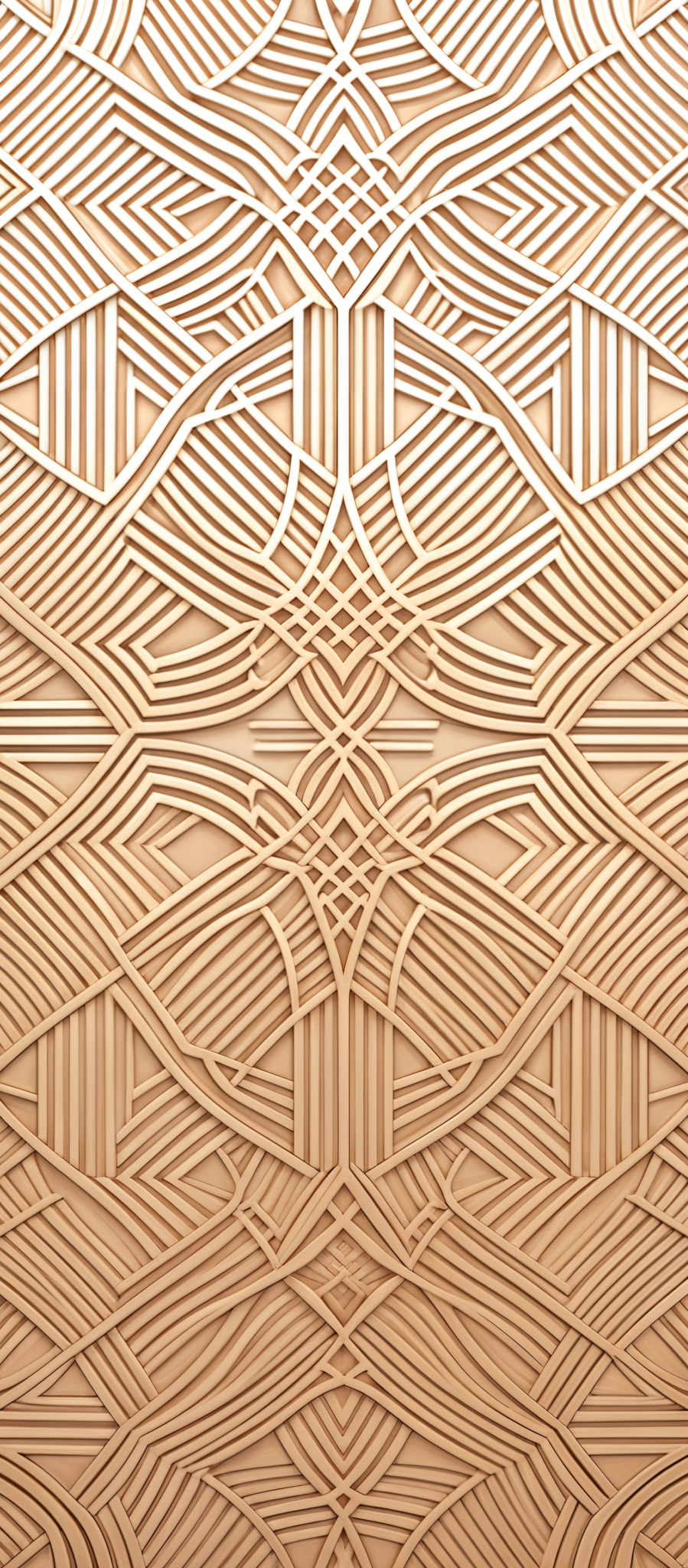 The image showcases intricate geometric patterns in a symmetrical design. The dominant color is a beige or light tan, which gives the image a warm and earthy feel. The shapes are primarily composed of intertwined lines and curves, forming complex and interconnected mazes. The design appears to be carved or etched into a surface, possibly wood or metal, as there are shadows and depth that suggest a three-dimensional effect.