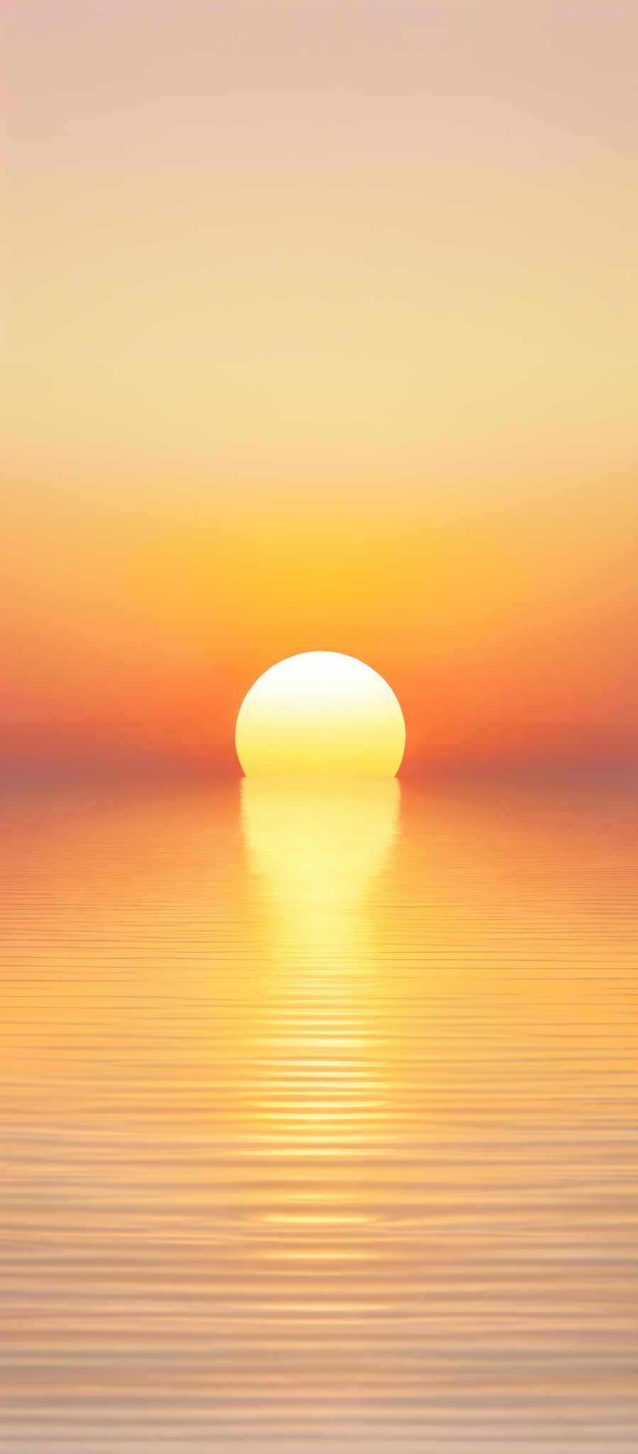 The image showcases a serene sunset over a calm body of water. The sky transitions from a soft pinkish hue at the top to a vibrant orange near the horizon. The sun is depicted as a large, glowing orb, just above the water's surface, casting a radiant reflection on the water below. The water reflects the sun's colors, creating a harmonious gradient of oranges and yellows. The overall ambiance of the image is tranquil and peaceful.