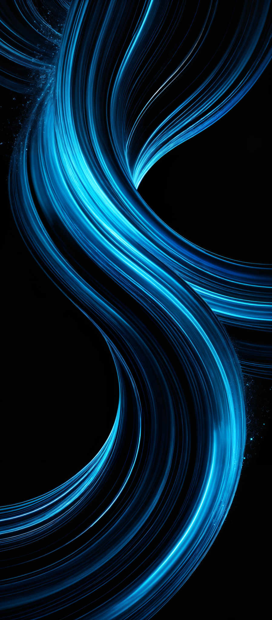 The image showcases a vibrant and dynamic swirl of blue and white lines against a dark background. The lines are intricately intertwined, creating a fluid and wavy pattern that resembles flowing water or swirling energy. The predominant color is a deep shade of blue, which contrasts beautifully with the stark black background, giving the image a sense of depth and movement.