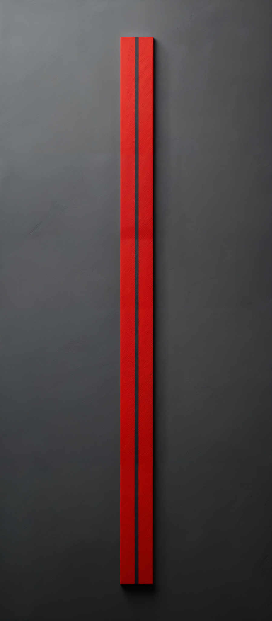 The image showcases a vertical rectangular object with a vibrant red surface. On this red surface, there are two thin, parallel black lines running vertically. The background is a muted gray, providing a stark contrast to the red and black elements.