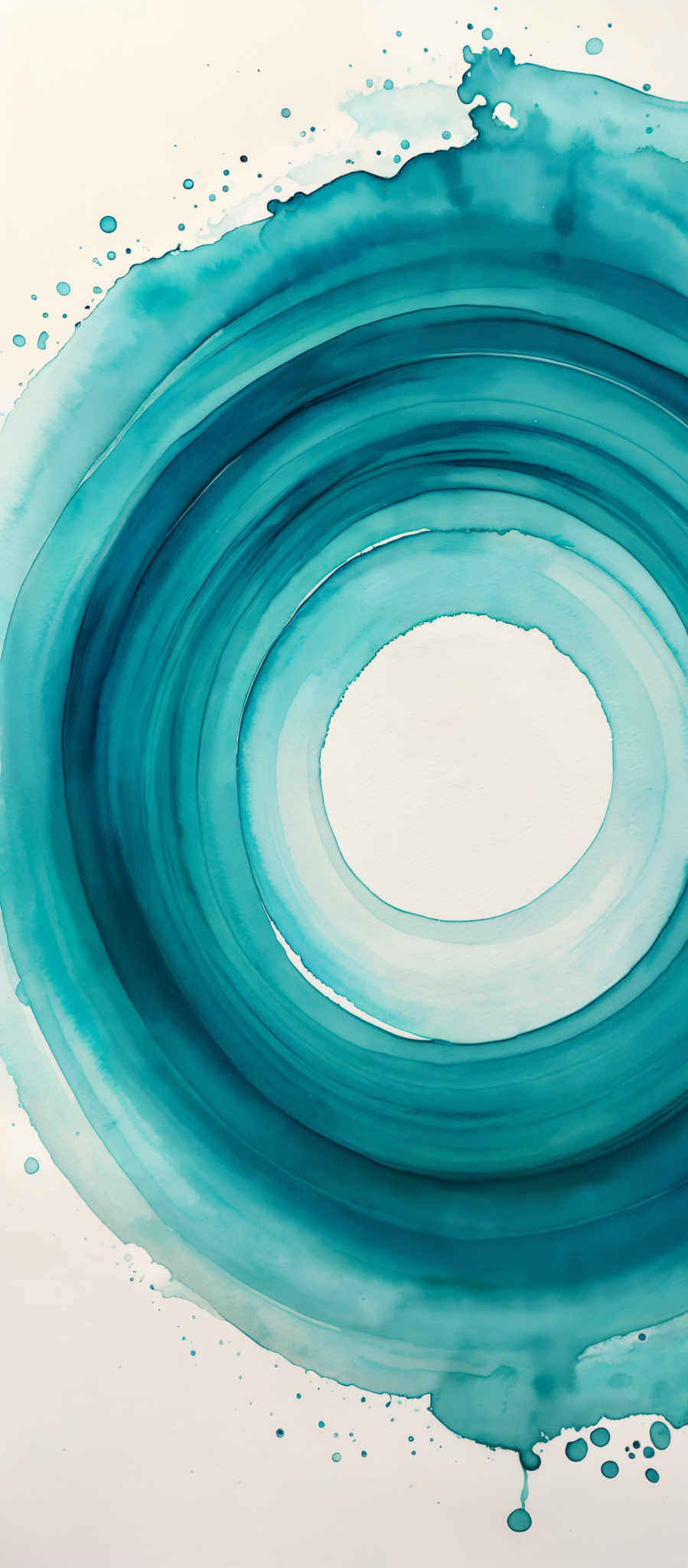 The image showcases a watercolor painting with concentric circles. The dominant color is a shade of teal or turquoise, which transitions from light to dark as it moves outward from the center. The painting is characterized by its fluidity, with the colors blending seamlessly into one another. The outermost rings are lighter, while the inner ones are darker. There are also splatters and droplets of the same color scattered around the painting, adding to its abstract and artistic feel.