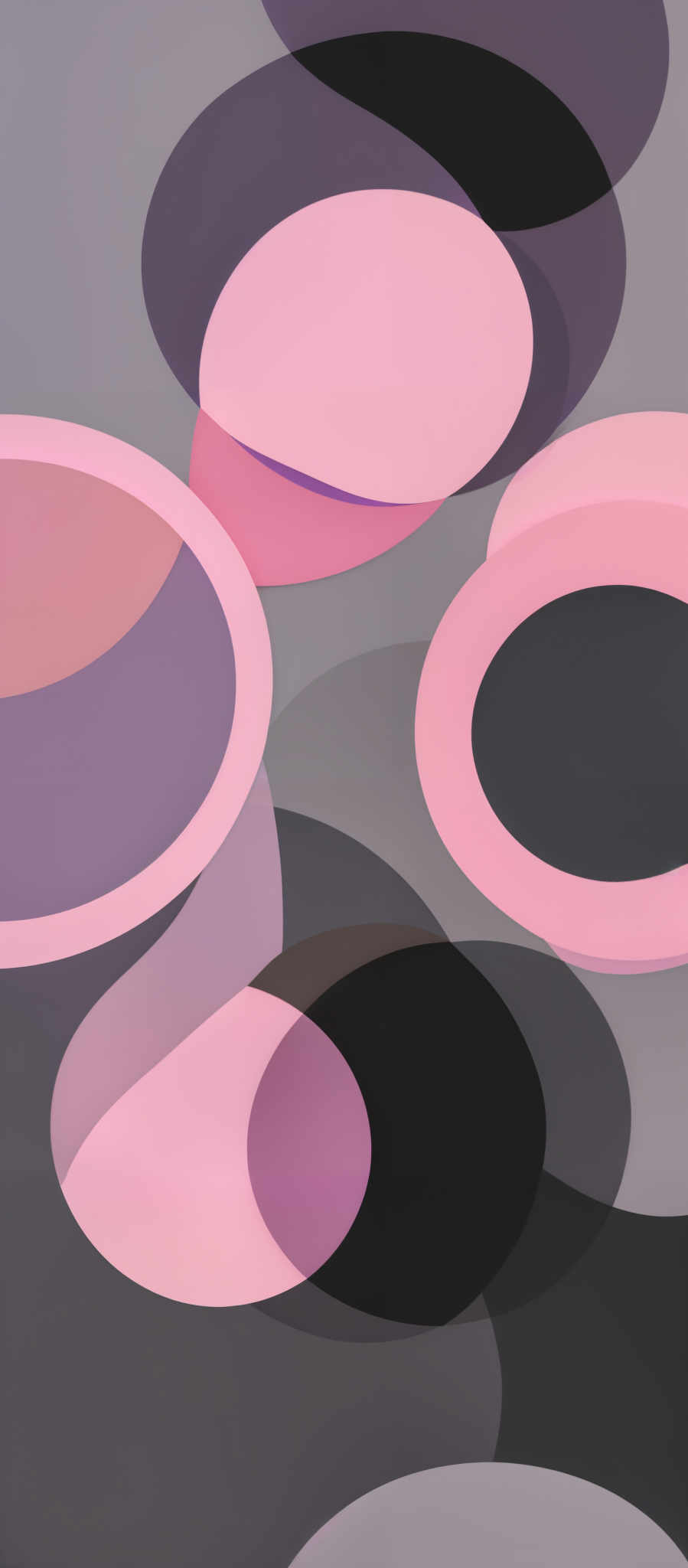 The image showcases an abstract design with overlapping circles of varying sizes and colors. The dominant colors are shades of pink, purple, and gray. The circles overlap and intersect in various patterns, creating a sense of depth and movement. The design is symmetrical, with the circles appearing to be in a state of motion, giving the impression of fluidity and dynamism.