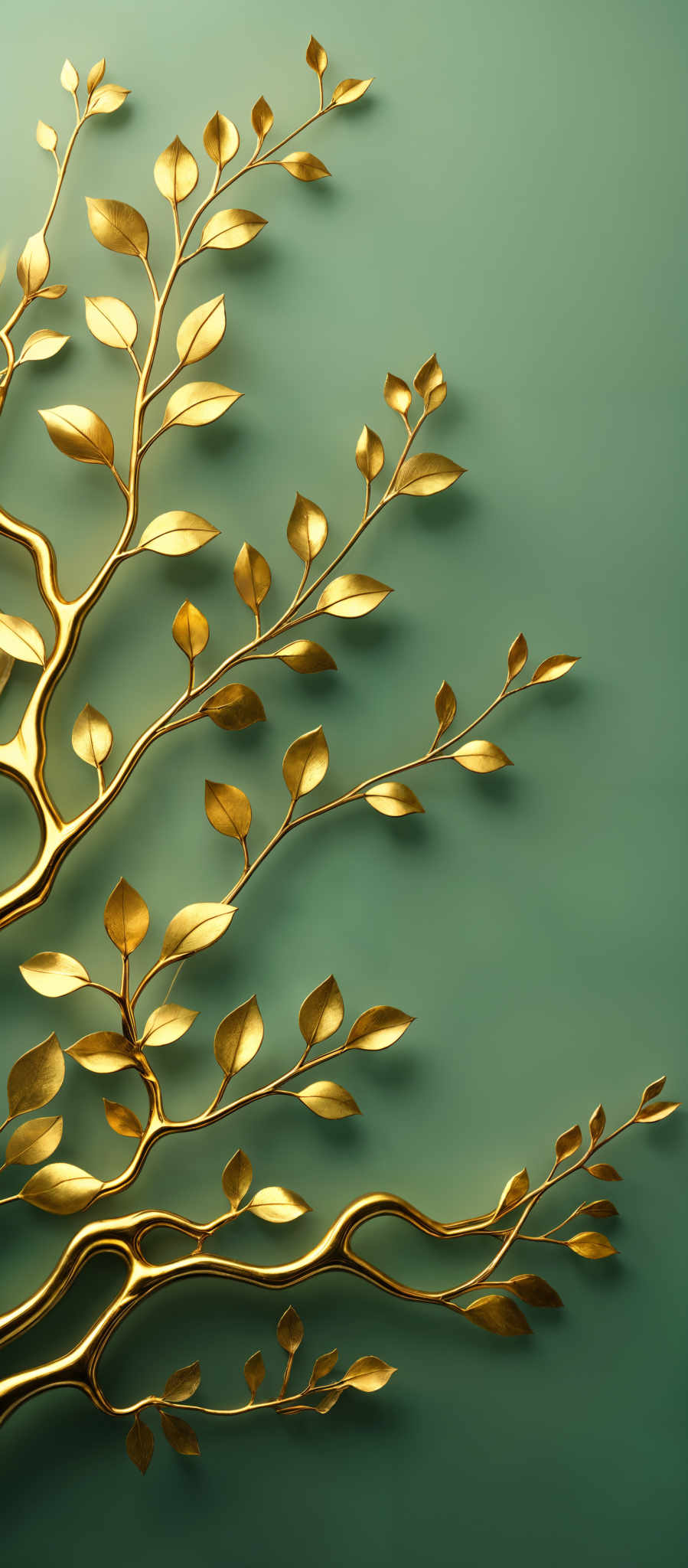 The image showcases a set of golden branches with leaves. The branches are intricately designed, curving and extending in various directions. Each leaf is meticulously crafted, exhibiting a shiny, reflective surface. The entire composition is set against a soft teal background, creating a harmonious contrast between the gold and the green.