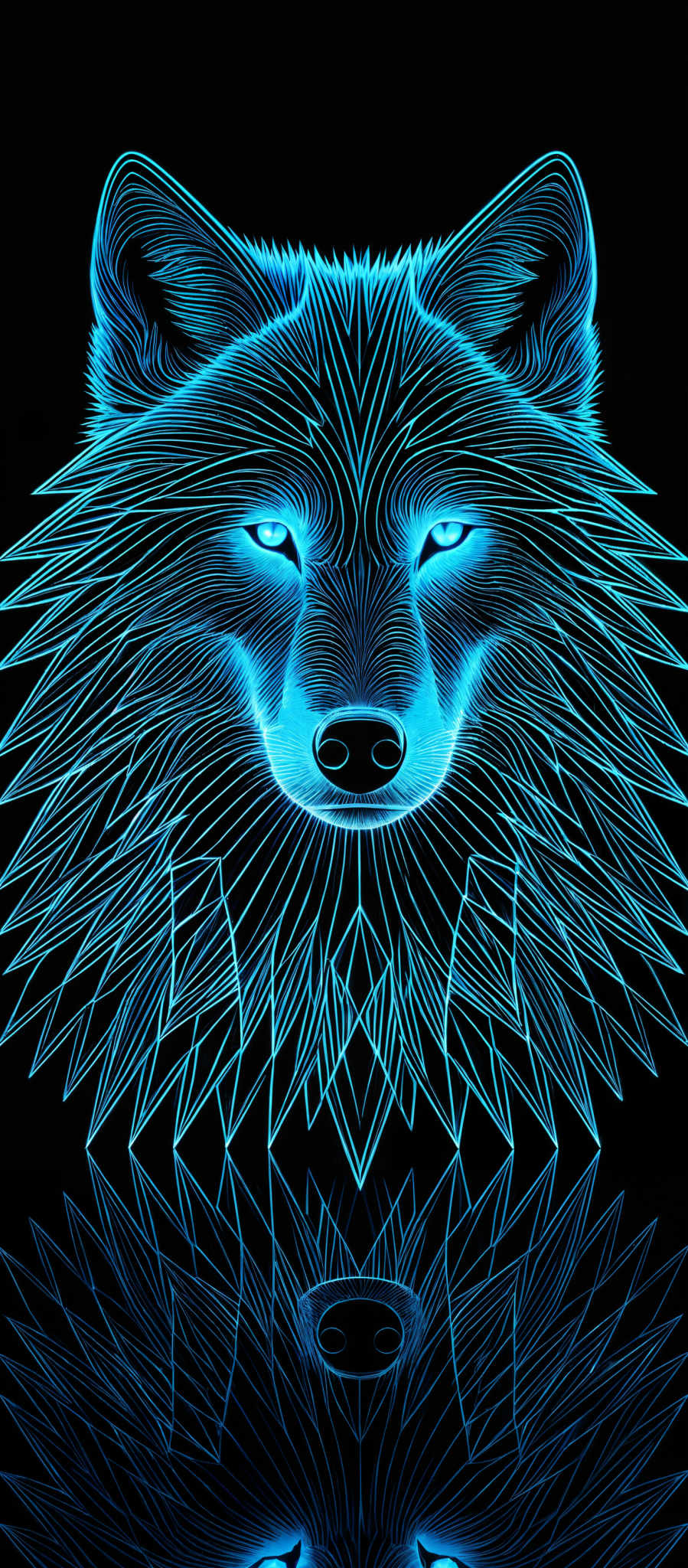 The image showcases a vibrant and intricate depiction of a wolf's face. The wolf is illustrated with neon blue lines against a black background. The lines are symmetrical and detailed, emphasizing the wolf’s facial features such as its eyes, nose, and fur. The image also features a reflection, creating a mirror image on the bottom, which adds depth and dimension to the artwork.