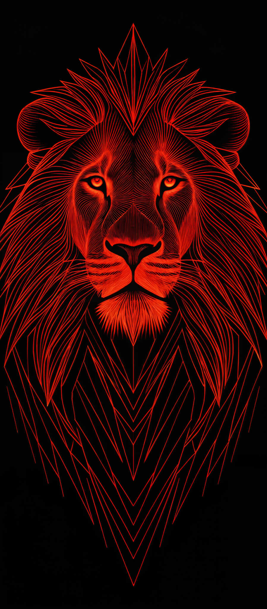 The image showcases a lion's face, intricately designed with geometric patterns. The dominant color is a fiery orange, which contrasts starkly against a black background. The lion has a mane that is adorned with symmetrical geometric shapes, giving it a modern and artistic appearance. The eyes of the lion are deep and intense, adding a touch of realism to the otherwise stylized design.