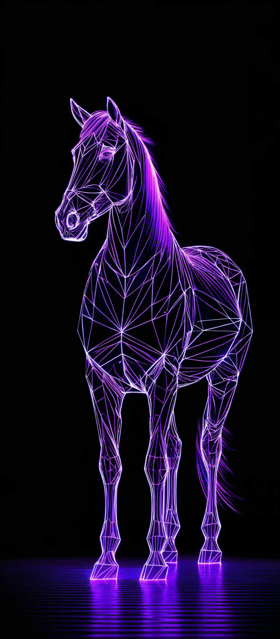 The image showcases a vibrant and neon-lit representation of a horse. The horse is depicted in a geometric, wireframe style, with its form constructed from a network of interconnected lines. These lines are illuminated in a bright purple hue, creating a striking contrast against the dark background. The wireframe design gives the horse a modern, digital appearance, reminiscent of digital art or virtual reality visuals.