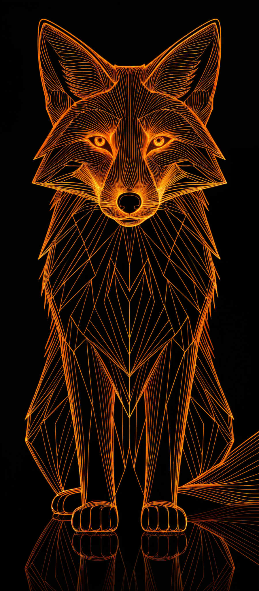 The image showcases a fox with intricate geometric patterns. The fox is depicted in a sitting position with its front paws resting on the ground. The color palette is dominated by shades of orange and gold, which contrast beautifully against a dark black background. The geometric patterns are symmetrical and consist of lines and triangles, creating a modern and abstract representation of the fox.