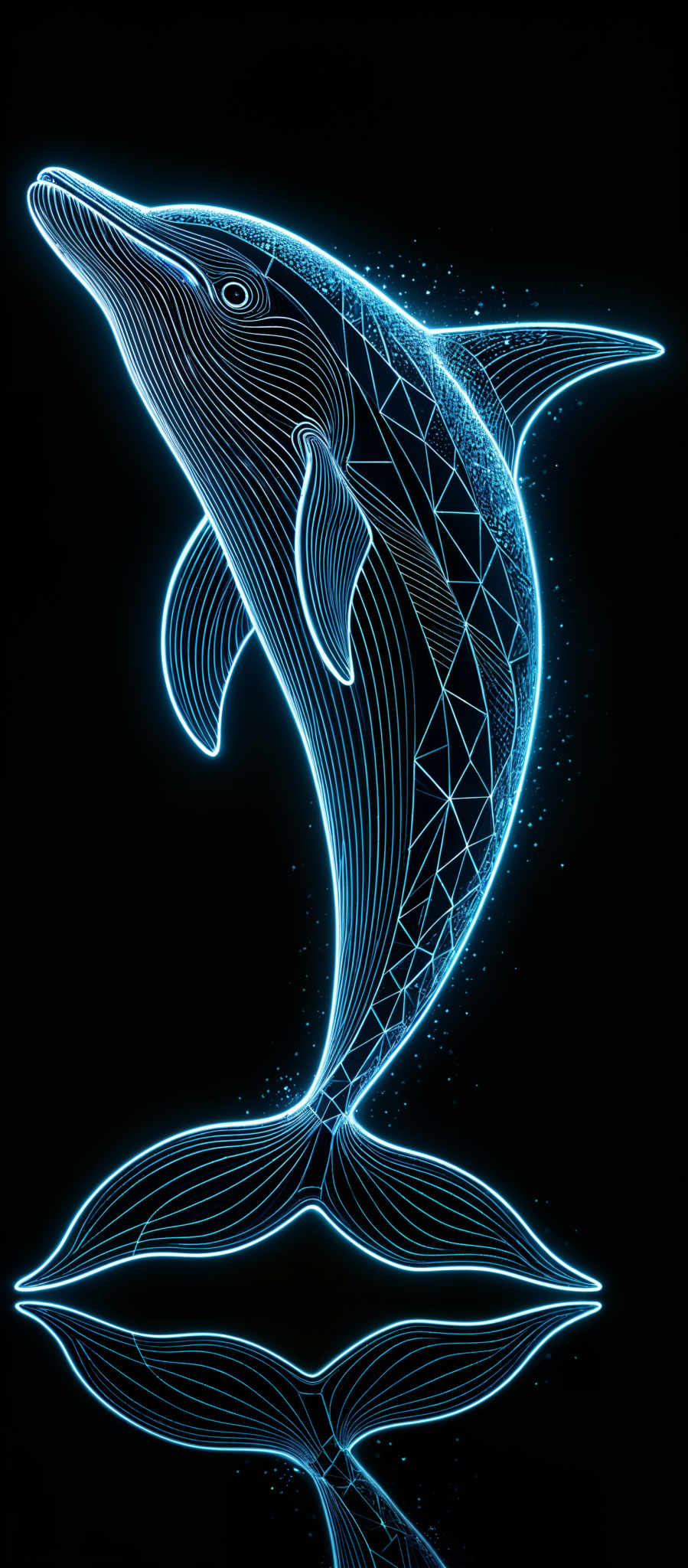 The image showcases a dolphin, intricately designed with geometric patterns. The dolphins are depicted in a shimmering blue hue, contrasting sharply against a dark background. The geometric patterns consist of lines and triangles, giving the dolphine a futuristic and digital appearance. The reflection of the dolPHIN is also visible, creating a symmetrical visual effect.