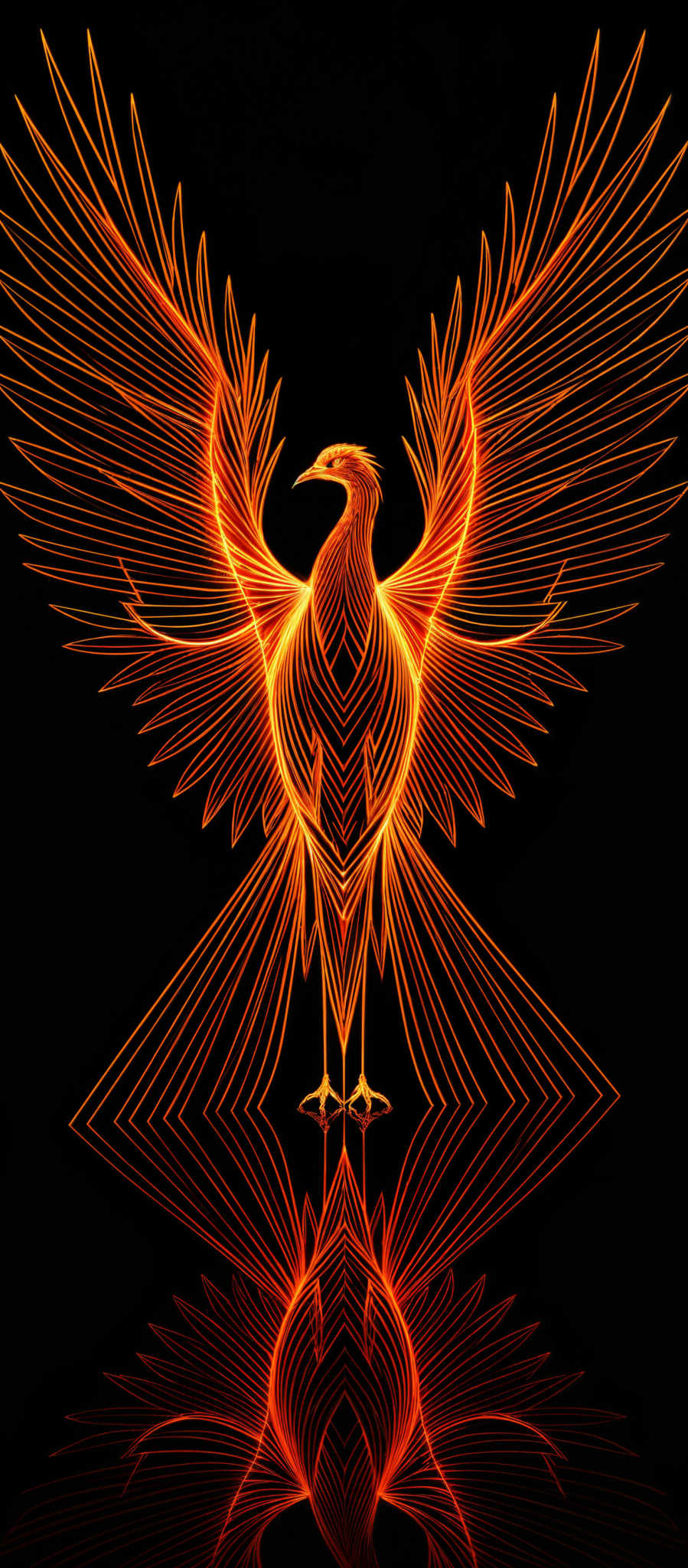 The image showcases a vibrant and intricate depiction of a bird, possibly a phoenix, with its wings spread wide. The bird is illuminated in a fiery orange hue, creating a striking contrast against the black background. The wings are symmetrically designed with detailed feather patterns, and the body exhibits a series of geometric shapes and lines. The reflection of the bird is also visible below, mirroring its form in the water.