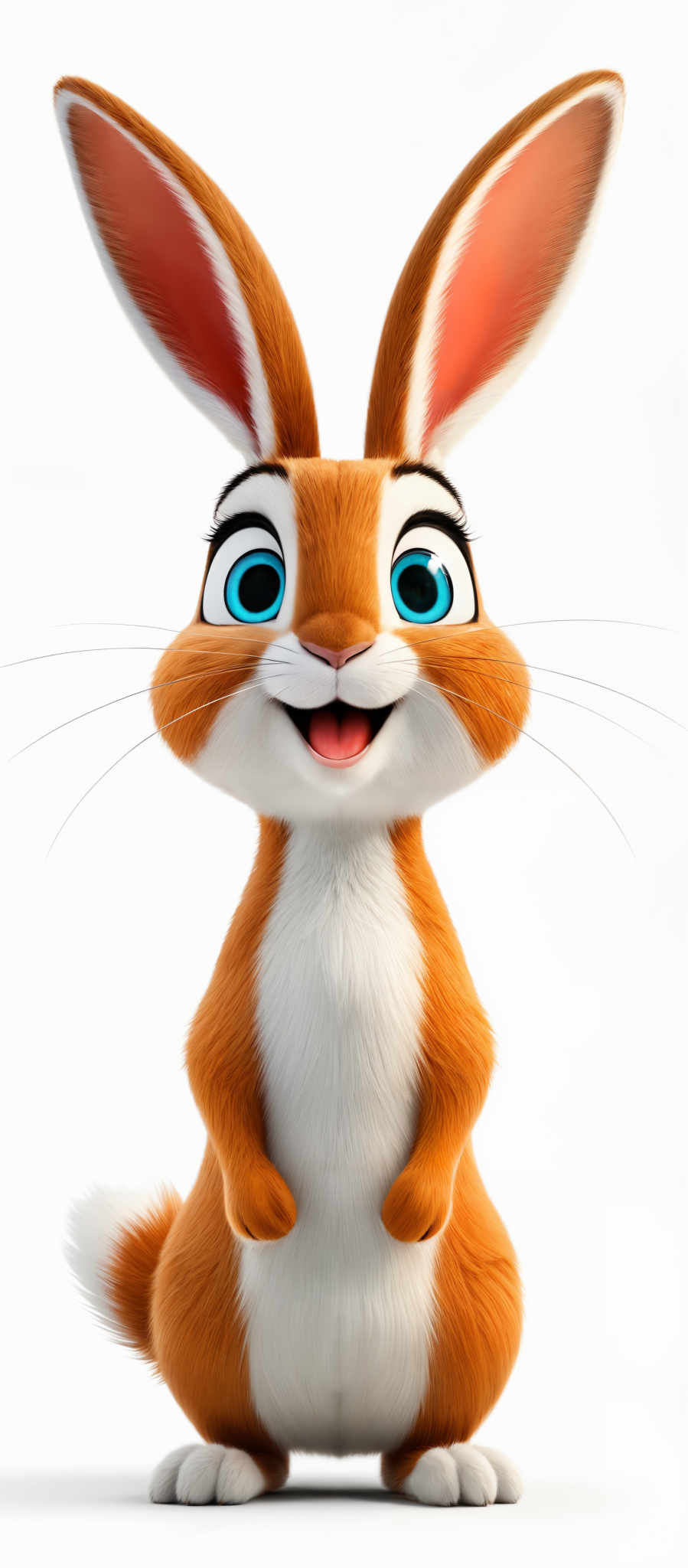 The image showcases an animated bunny. The bunney has a vibrant orange fur coat with white patches around its chest and belly. Its large ears are a striking shade of orange with a hint of pink at the tips. The eyes are large, blue, and expressive, giving the bunnie a cheerful and lively appearance. The overall shape of the bunnies body is upright and sturdy, with its front paws resting on its hind legs.