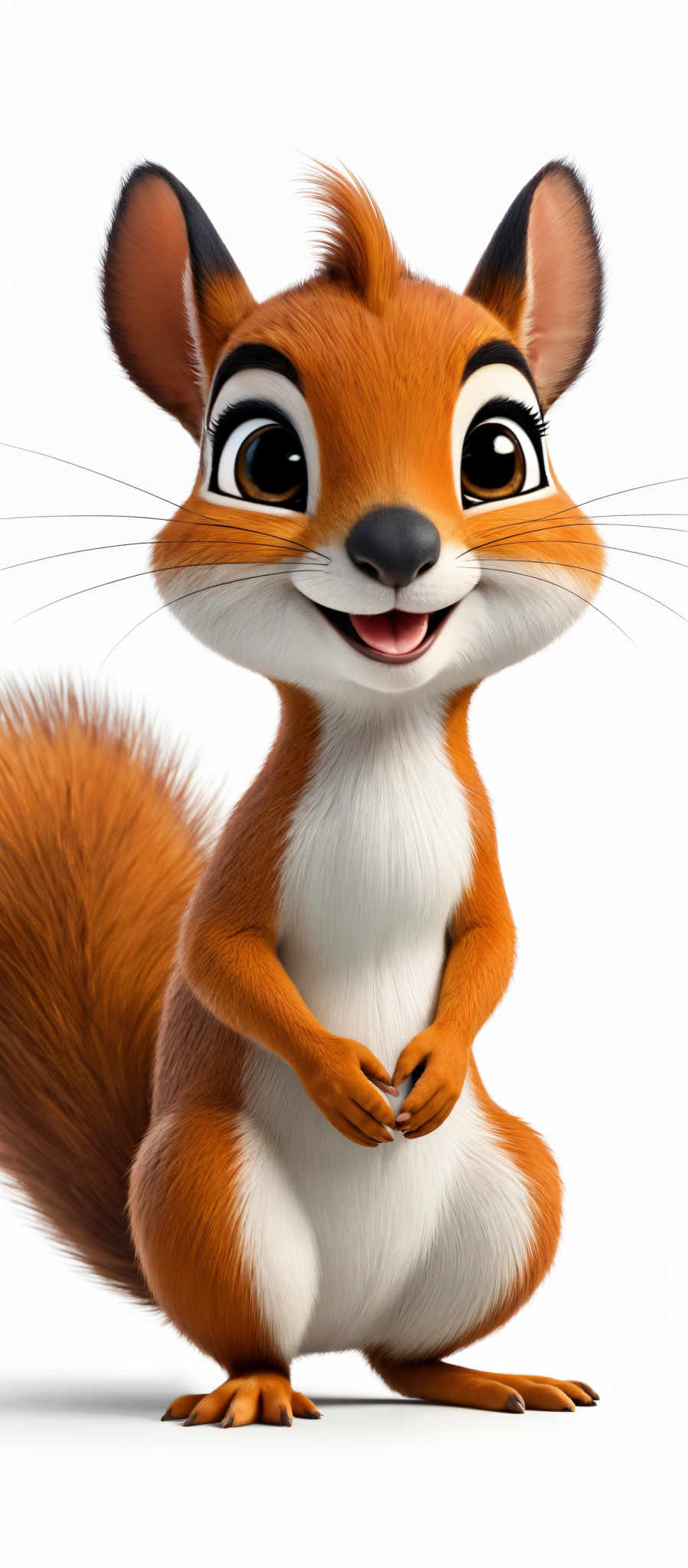 The image showcases a vibrant and detailed animated squirrel. The squirrely has a reddish-brown fur coat, large expressive eyes with black pupils, and a bushy tail that is predominantly orange. The creature appears to be standing upright, with its hands held close to its chest. The overall design is sleek and modern, with a high level of detail in the fur texture and facial features.