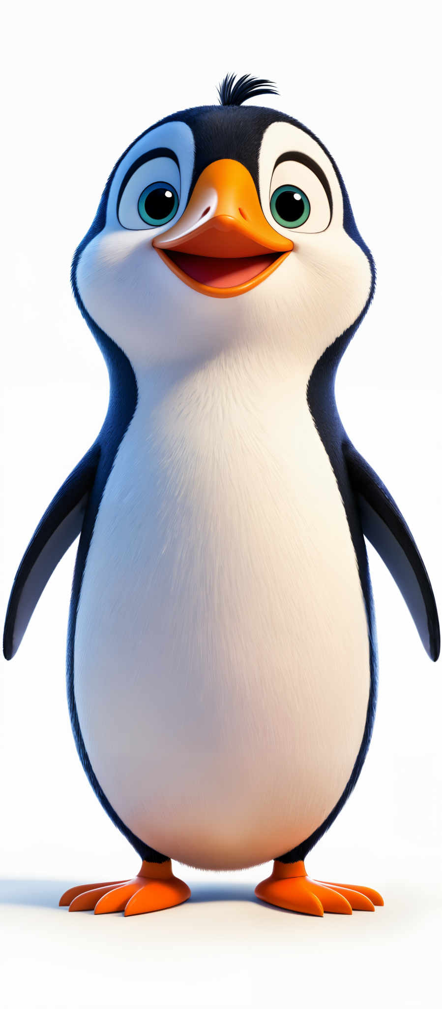 The image showcases an animated penguin. The penguins have a black and white plumage with a distinct orange beak and feet. The eyes are large, round, and blue, giving the penguine a friendly and curious appearance. The overall shape of the pinguin is upright and slightly rotund, with a slightly protruding orange beaks.