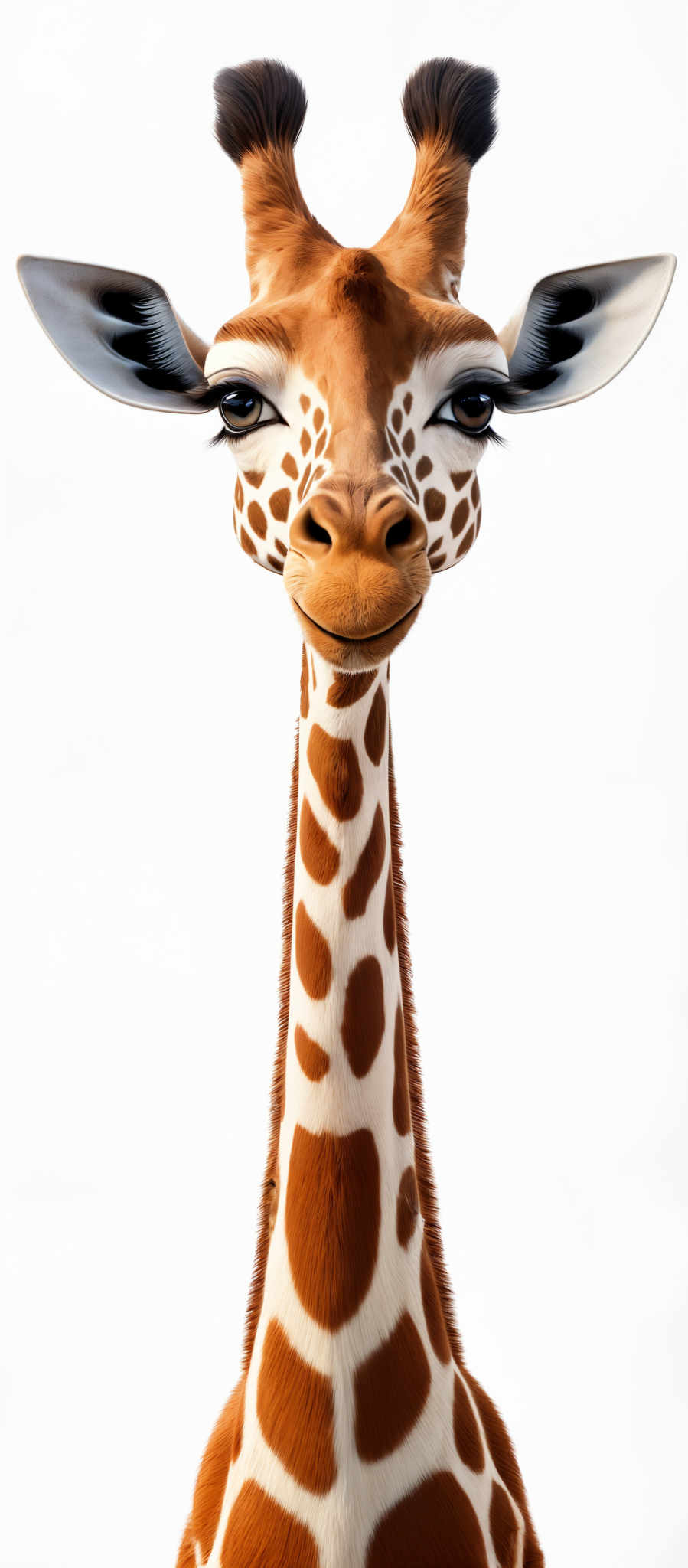 The image showcases a giraffe with a unique and detailed design. The giraffes face is prominently displayed, with large, expressive eyes that are a deep shade of brown. The fur pattern is characterized by large, irregularly shaped brown patches separated by lighter, almost white lines. The neck extends downward, showcasing the same pattern. The ears are large, rounded, and have a darker brown color with a white tip. The overall color palette is dominated by shades of brown and white.