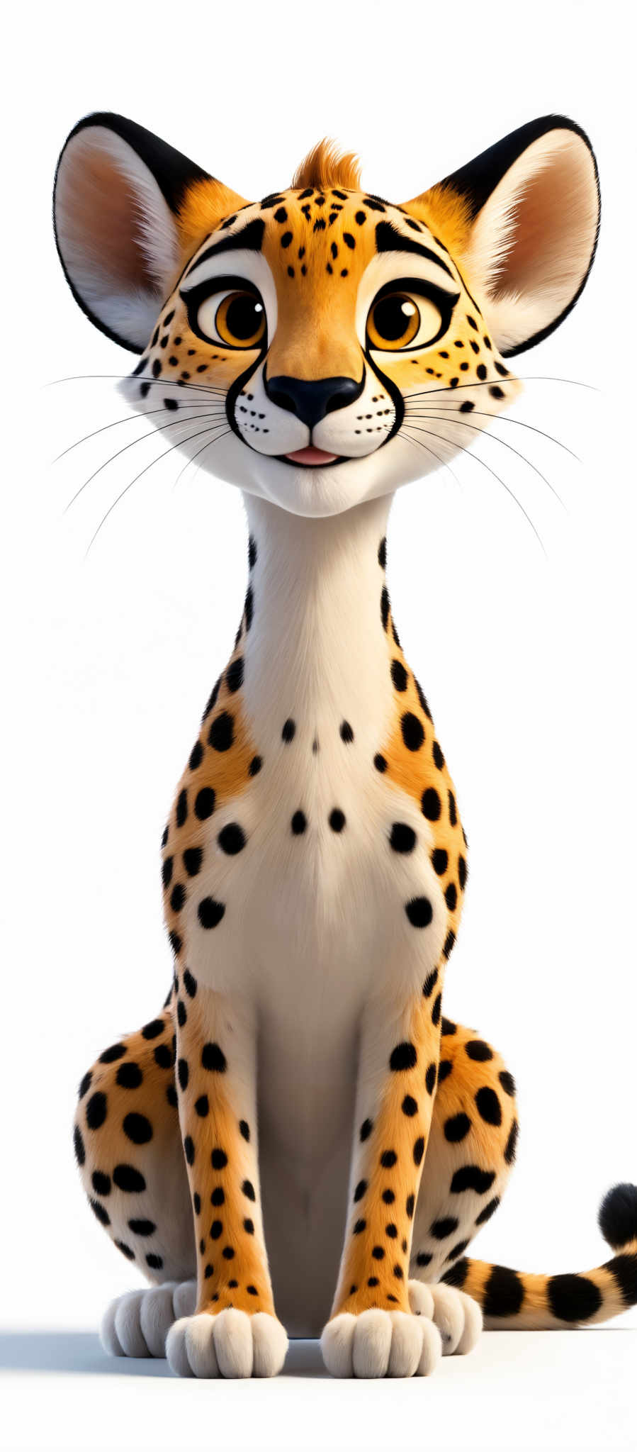 The image showcases a cartoon-style depiction of a cheetah. The cheetoh has a slender body with a spotted coat, large round eyes with black pupils, and a small tuft of hair on its head. It is sitting with its front paws resting on its knees and its tail curled around its body. The background is white, emphasizing the animal's features.