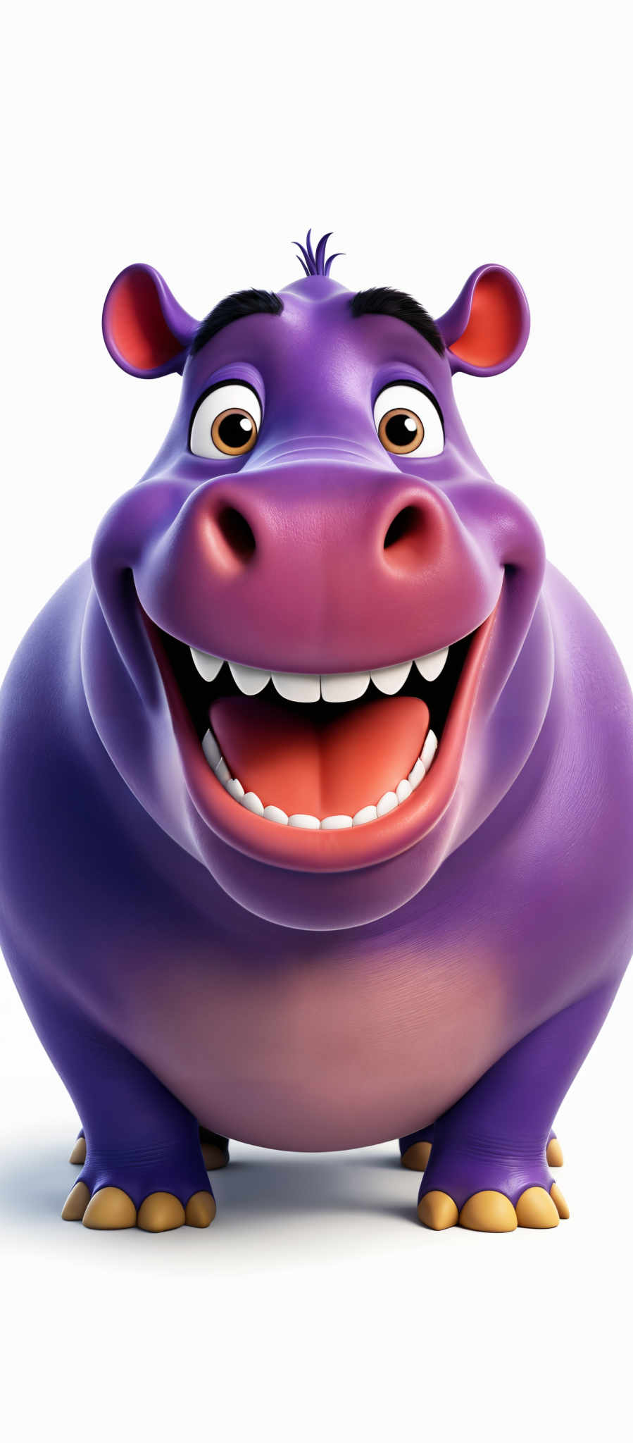 The image showcases a 3D animated character. The character is a purple hippopotamus with a wide, open mouth displaying white teeth. It has large, round eyes with a bright expression, and its ears are small and rounded. The hippos' skin appears smooth and glossy, and it has yellow feet. The overall color palette is vibrant, with the hippopus being the most dominant color.