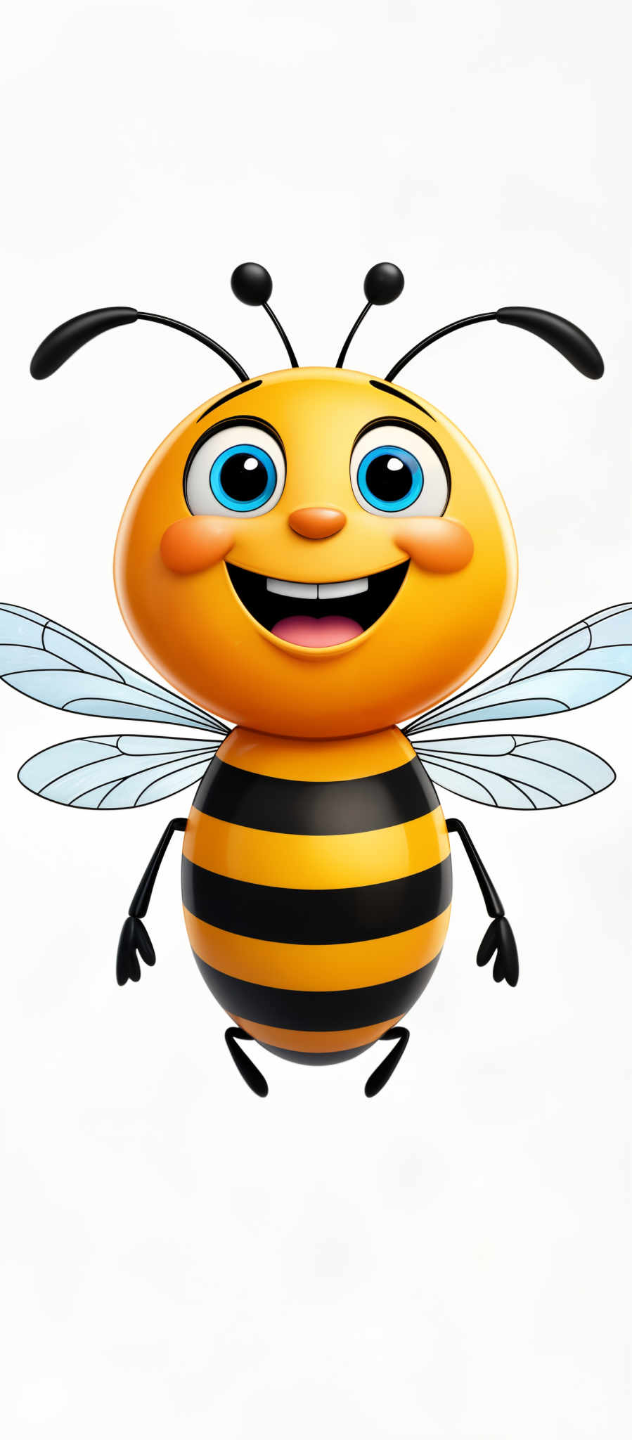 The image showcases a vibrant and colorful animated bee. The bee has a round, yellow body with black stripes. It has large, blue eyes that are wide open, showcasing a cheerful expression. The wings of the bee are translucent with a slightly blue tint. The antennae of the bear are black and curved. The overall design is playful and cartoonish.