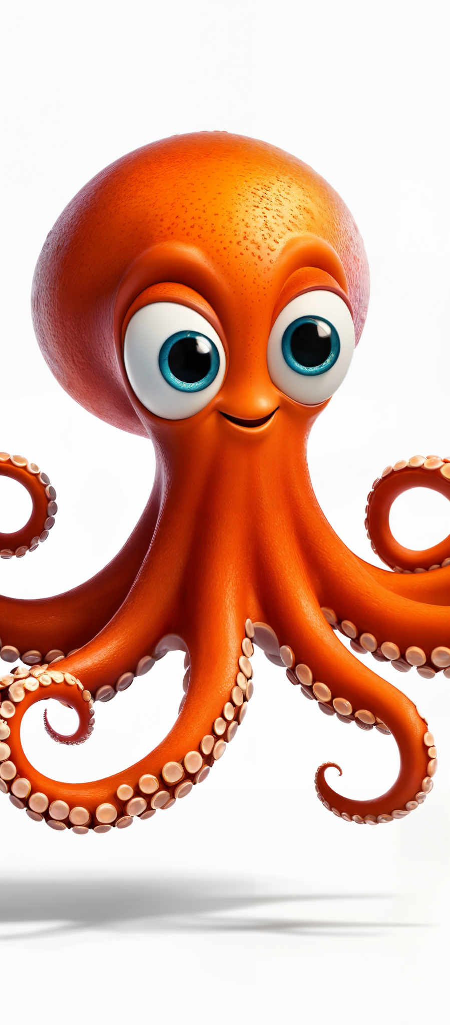 The image showcases an animated octopus with a vibrant orange hue. It has large, round blue eyes that give it a curious and friendly appearance. The octopus's tentacles are curled and adorned with white suction cups. The background is white, emphasizing the octopus and making it the focal point of the image, while its shadow is cast on the bottom right.