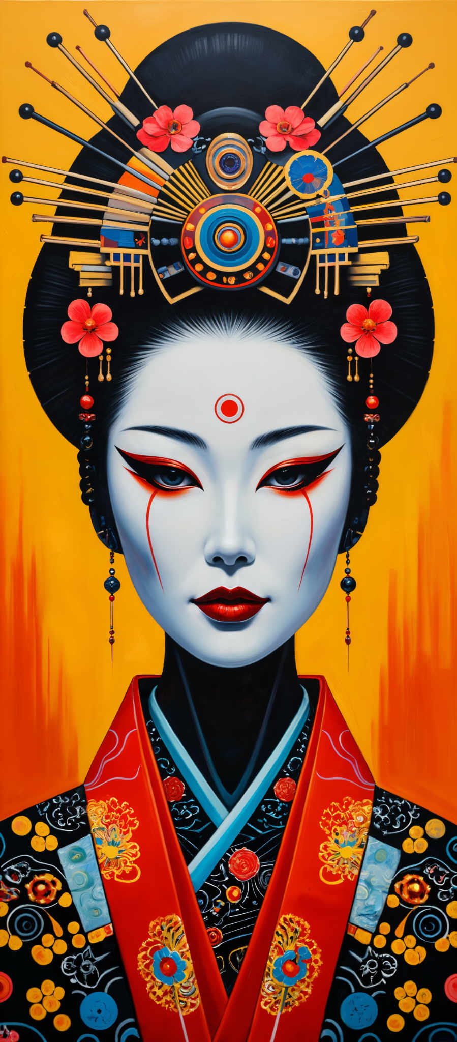 The image showcases a portrait of a woman adorned with intricate details. The background is a vibrant shade of yellow. The woman has a white face with striking red eye makeup that extends from the inner corners of her eyes, forming a teardrop shape on each cheek. There's a red dot on her forehead. Her hair is black and is styled in an elaborate updo, decorated with various ornaments including flowers, beads, and a circular ornament with a blue center. She is wearing a red and black kimono with intricately designed patterns and embellishments.