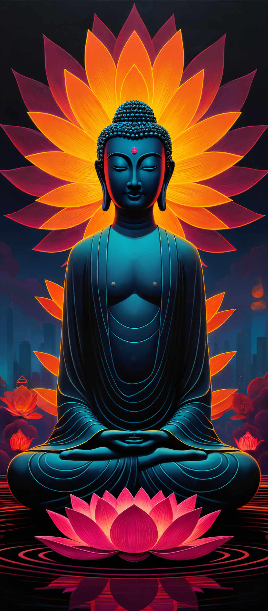 The image showcases a serene depiction of Buddha in meditation. He is seated in a lotus position, with his hands resting on his lap. The Buddah's face is calm and peaceful, with a distinctive third eye on his forehead. Behind him is a radiant lotus flower, emanating a vibrant orange-red glow. The background is a deep blue, representing the night sky, and there are silhouettes of city buildings in the distance. The entire image is illuminated with a mix of cool and warm colors, creating a harmonious balance.